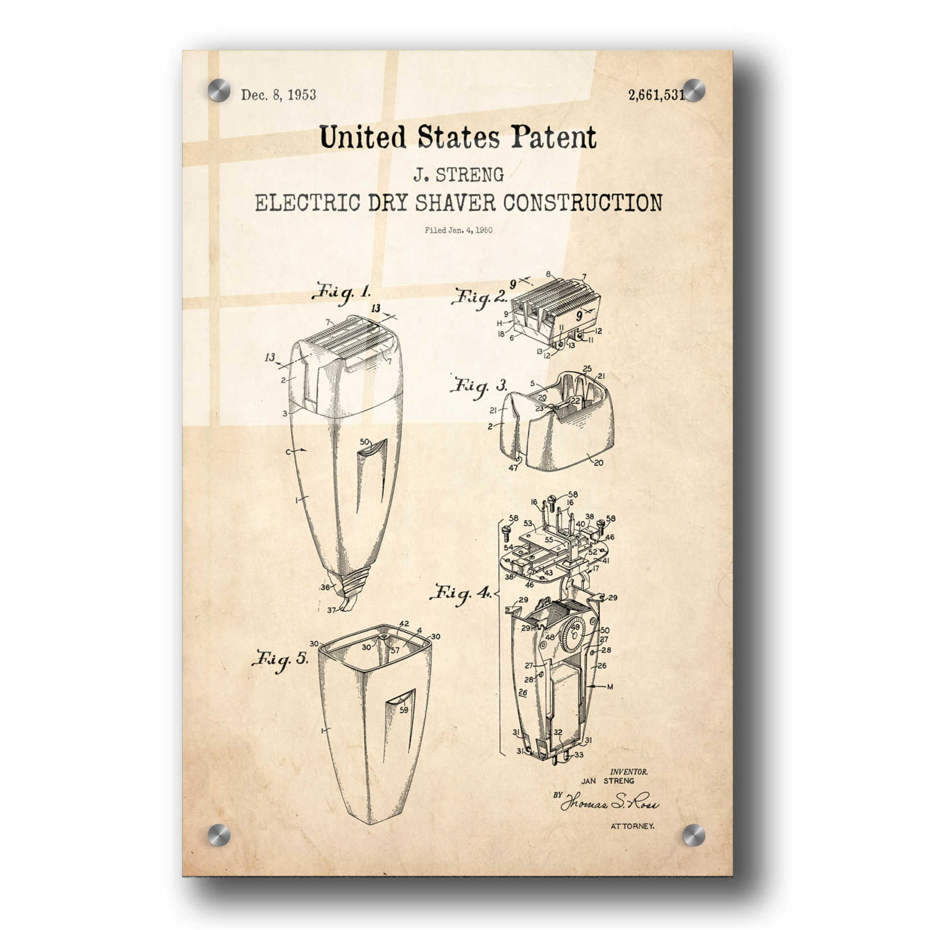 Epic Art 'Dry Shaver Blueprint Patent Parchment,' Acrylic Glass Wall Art,24x36