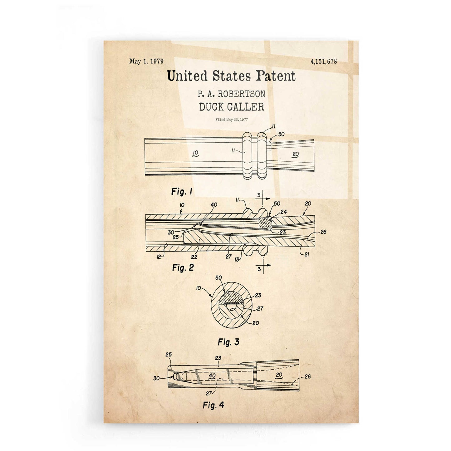 Epic Art 'Duck Caller Blueprint Patent Parchment,' Acrylic Glass Wall Art,16x24