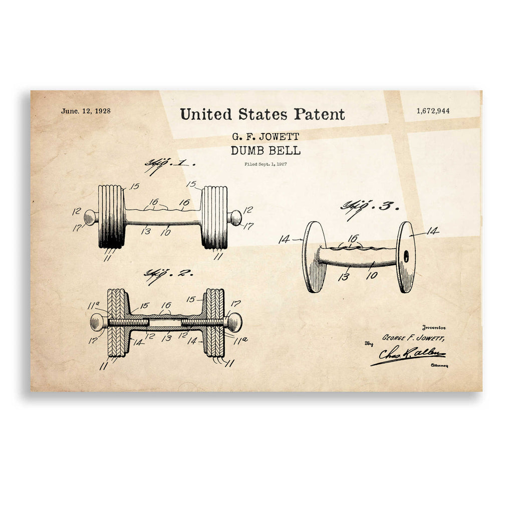 Epic Art 'Dumbbell Blueprint Patent Parchment,' Acrylic Glass Wall Art,36x24