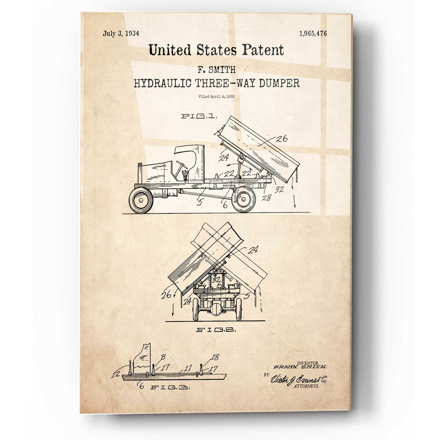 Epic Art 'Dump Truck Blueprint Patent Parchment,' Acrylic Glass Wall Art,12x16