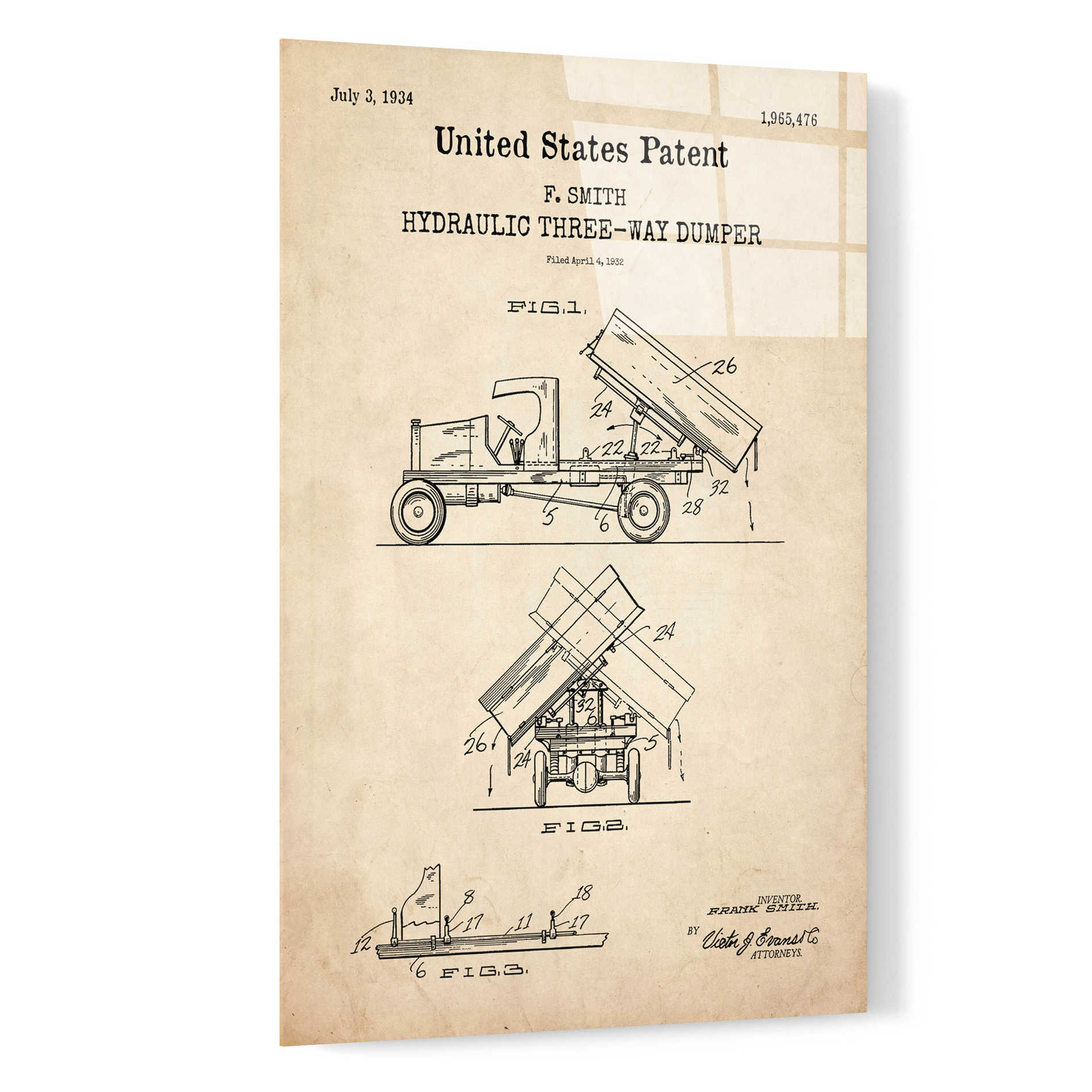 Epic Art 'Dump Truck Blueprint Patent Parchment,' Acrylic Glass Wall Art,16x24