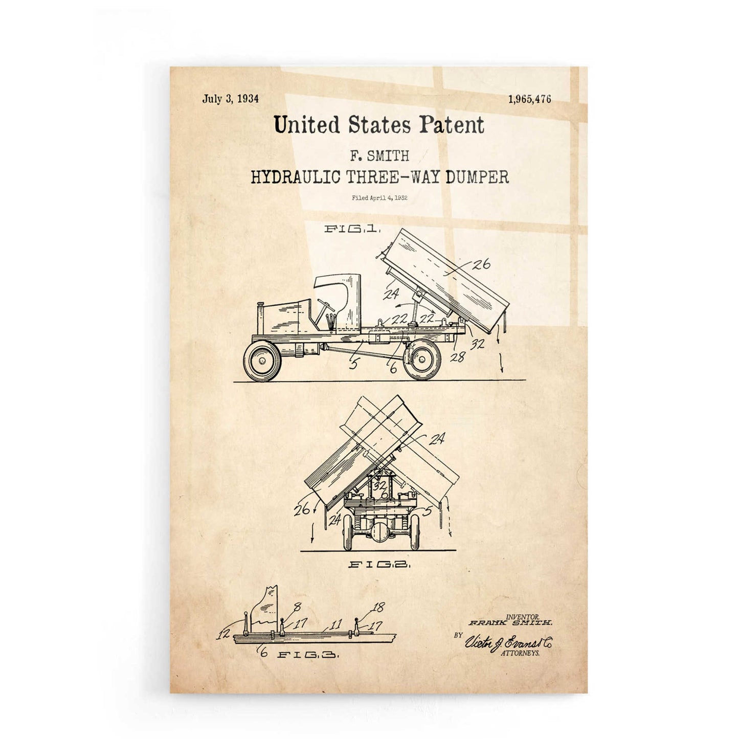 Epic Art 'Dump Truck Blueprint Patent Parchment,' Acrylic Glass Wall Art,16x24