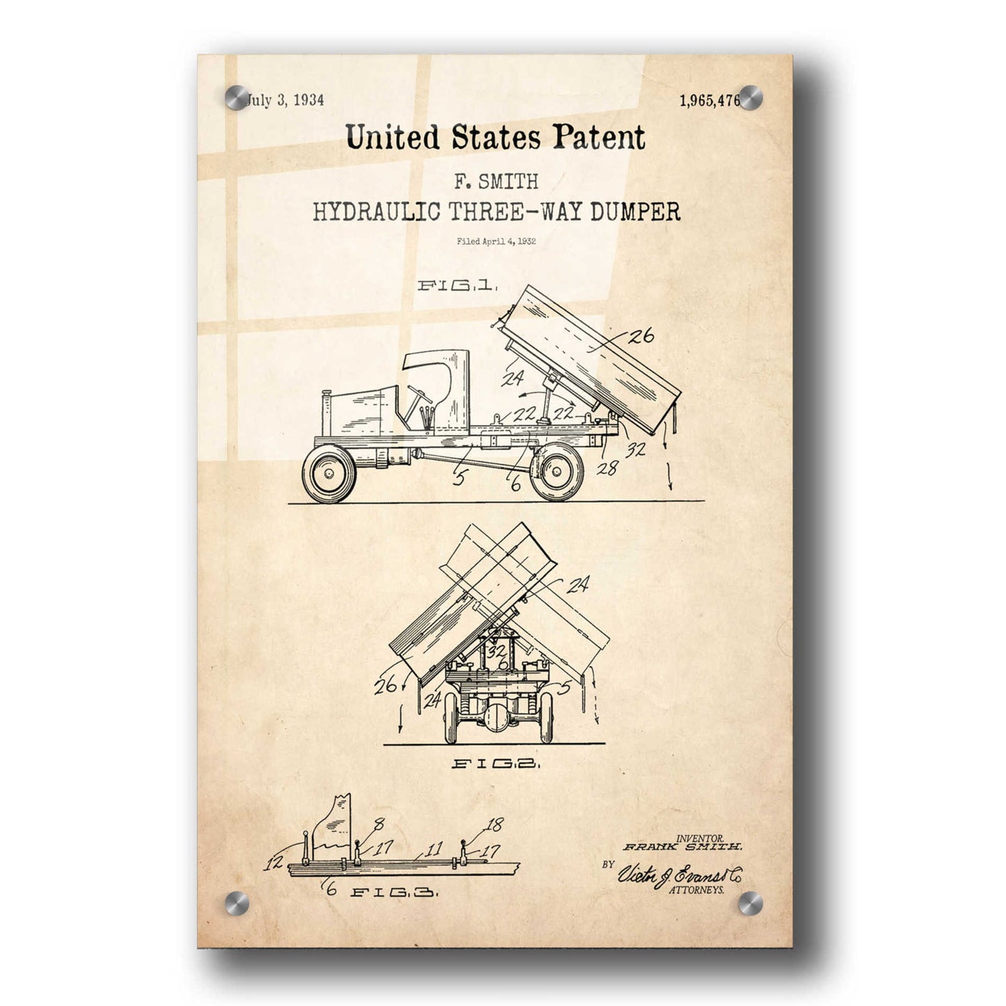 Epic Art 'Dump Truck Blueprint Patent Parchment,' Acrylic Glass Wall Art,24x36