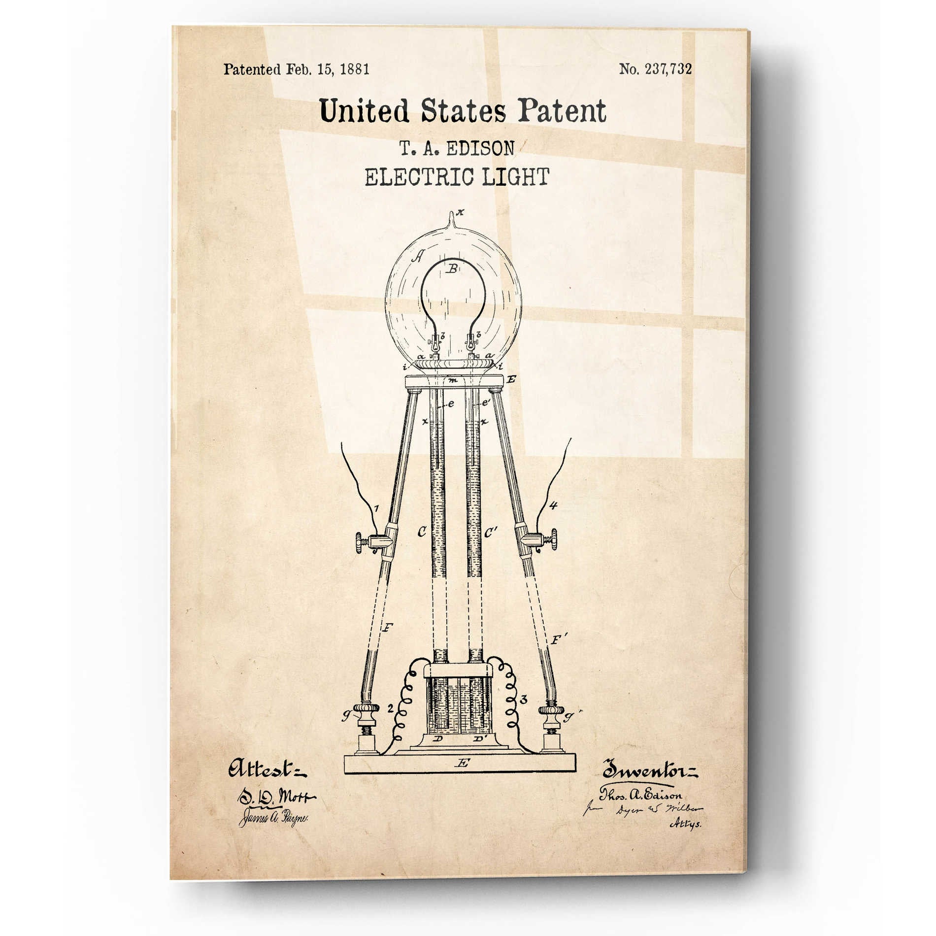 Epic Art 'Electric Light Blueprint Patent Parchment,' Acrylic Glass Wall Art,12x16