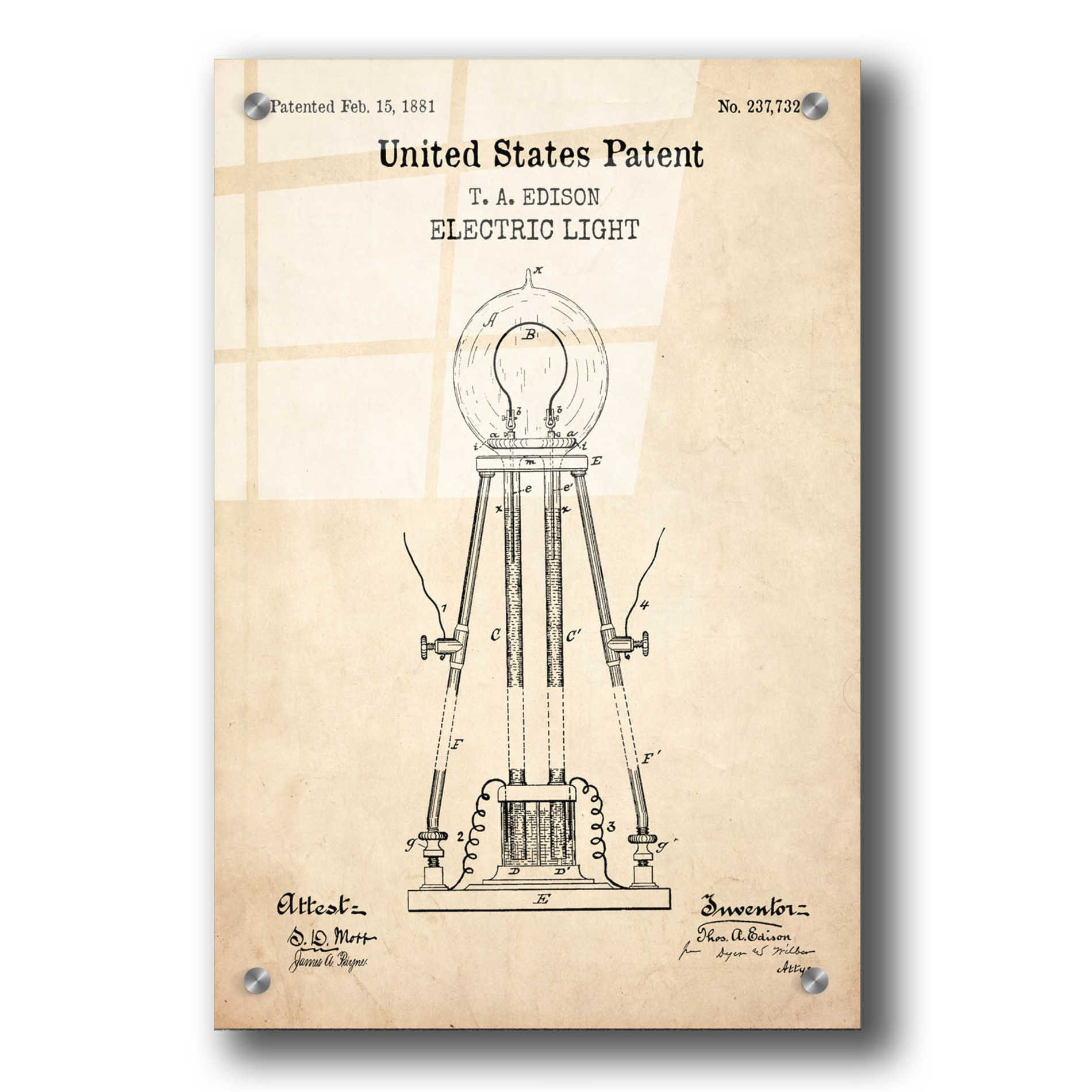 Epic Art 'Electric Light Blueprint Patent Parchment,' Acrylic Glass Wall Art,24x36
