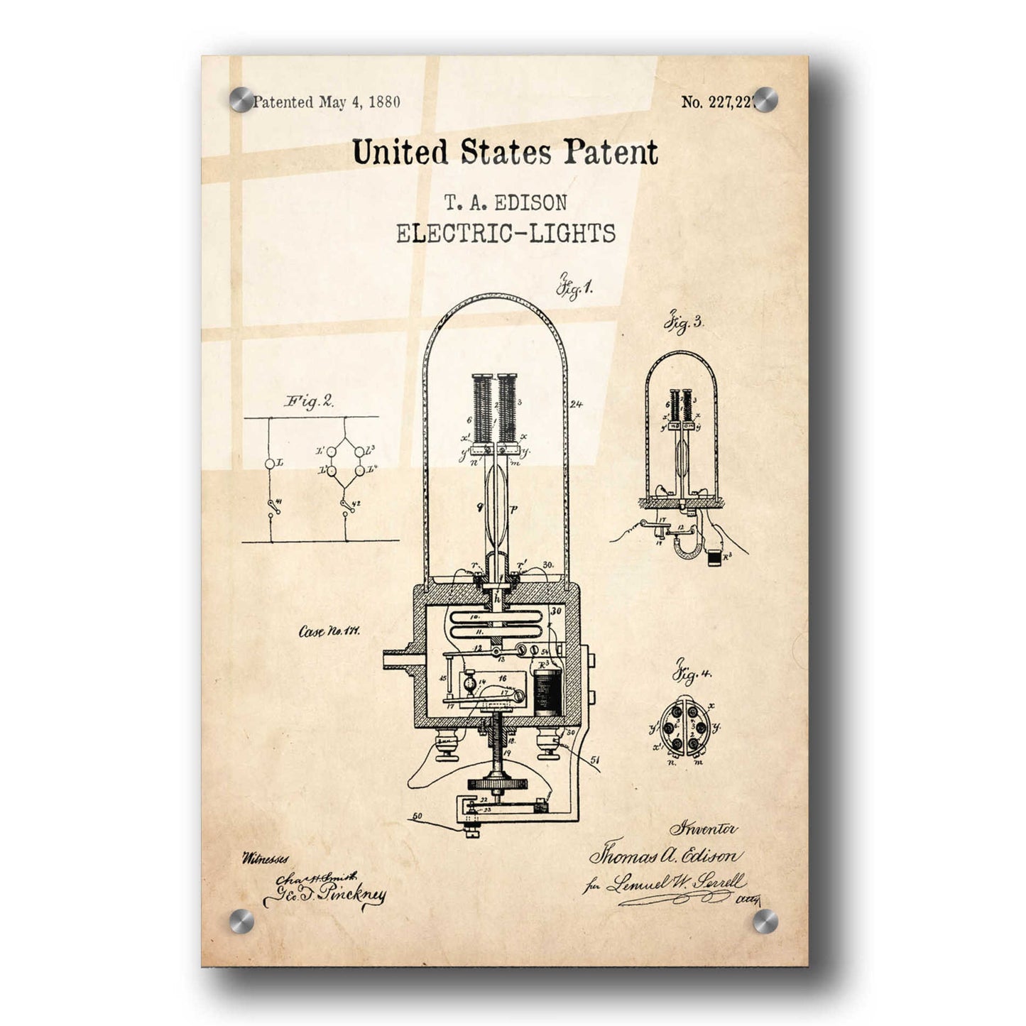 Epic Art 'Electric Lights Blueprint Patent Parchment,' Acrylic Glass Wall Art,24x36