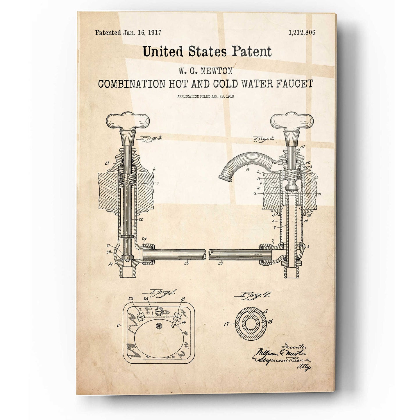 Epic Art 'Faucet Blueprint Patent Parchment,' Acrylic Glass Wall Art,12x16