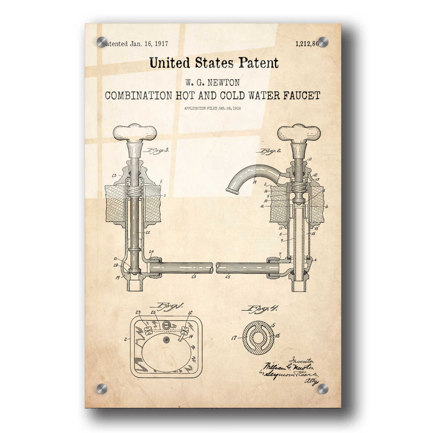 Epic Art 'Faucet Blueprint Patent Parchment,' Acrylic Glass Wall Art,24x36