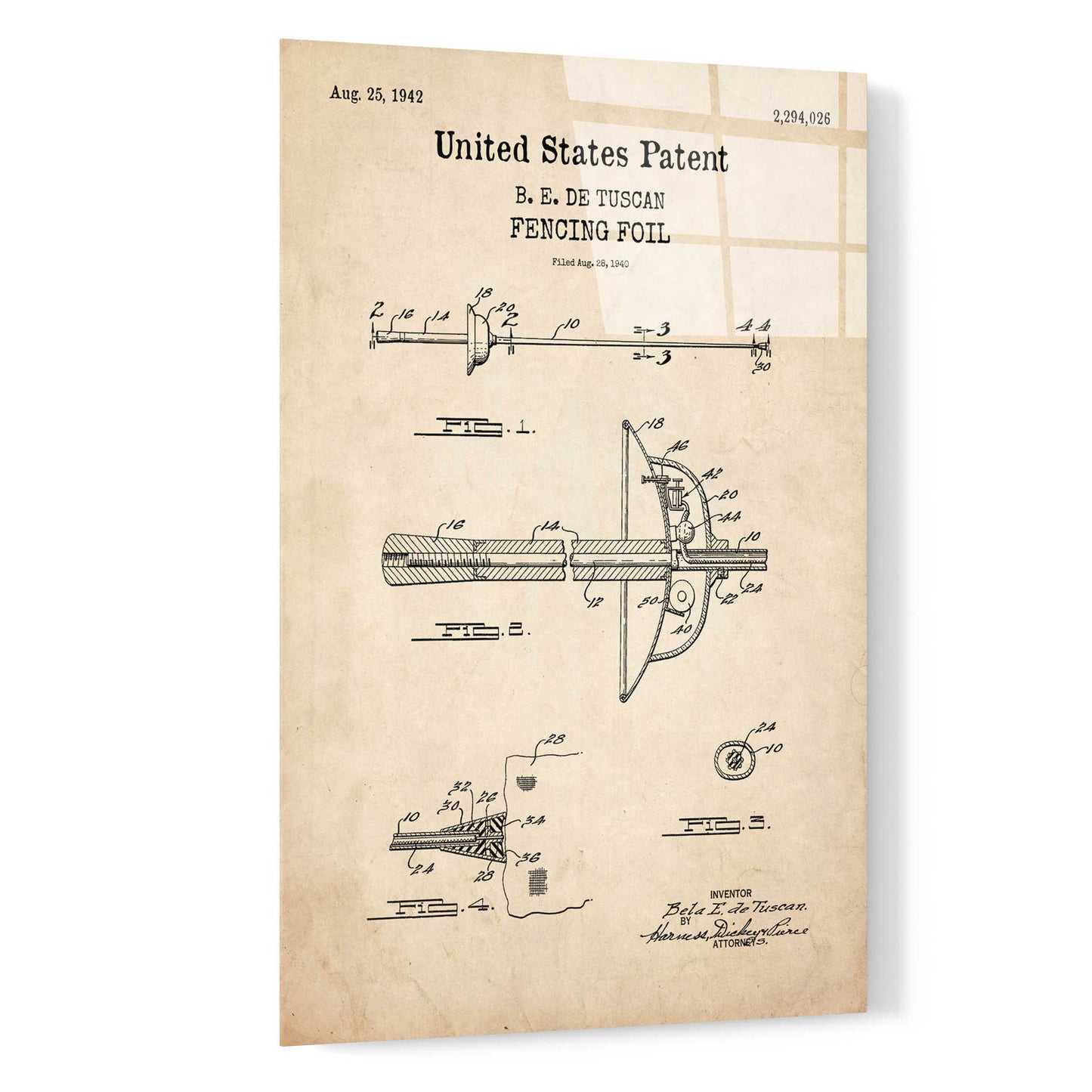 Epic Art 'Fencing Foil Blueprint Patent Parchment,' Acrylic Glass Wall Art,16x24