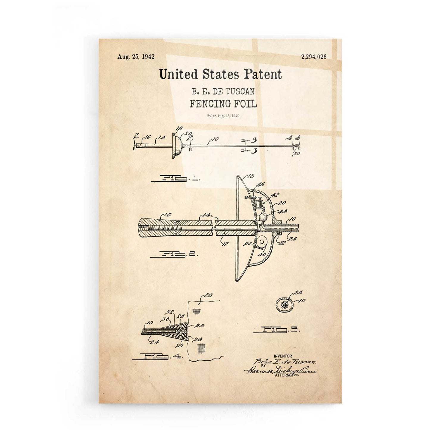 Epic Art 'Fencing Foil Blueprint Patent Parchment,' Acrylic Glass Wall Art,16x24