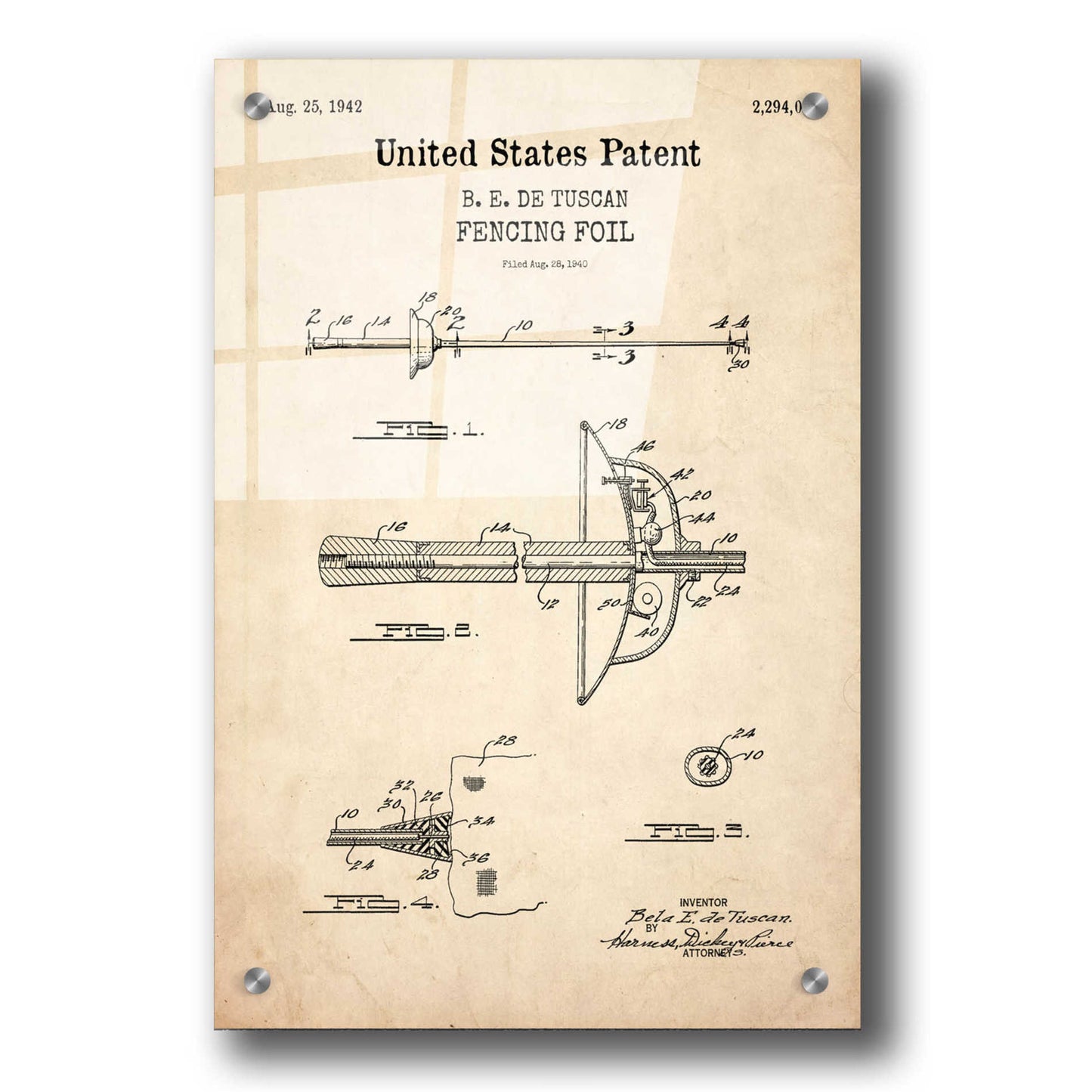 Epic Art 'Fencing Foil Blueprint Patent Parchment,' Acrylic Glass Wall Art,24x36