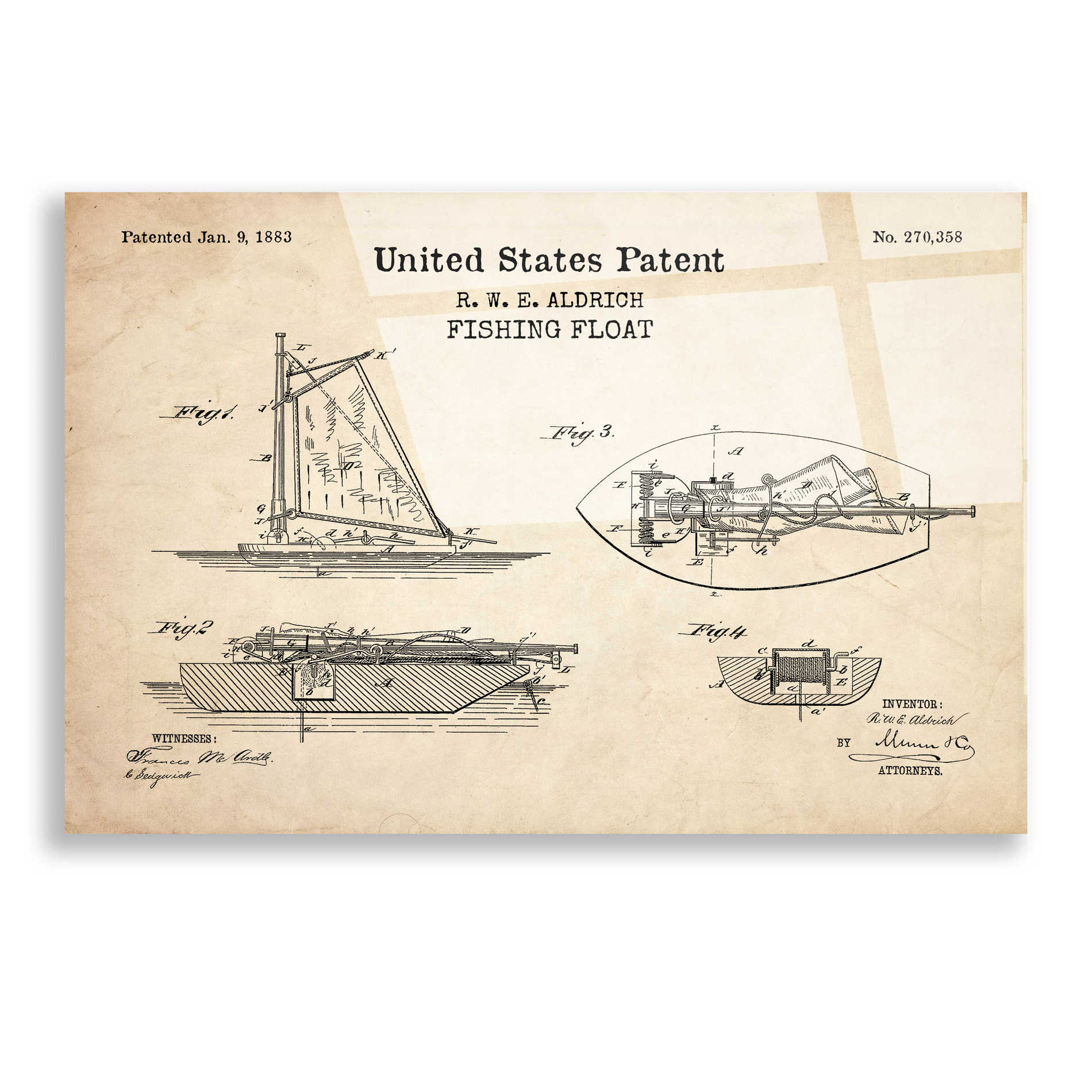 Epic Art 'Fishing Boat Blueprint Patent Parchment,' Acrylic Glass Wall Art,36x24