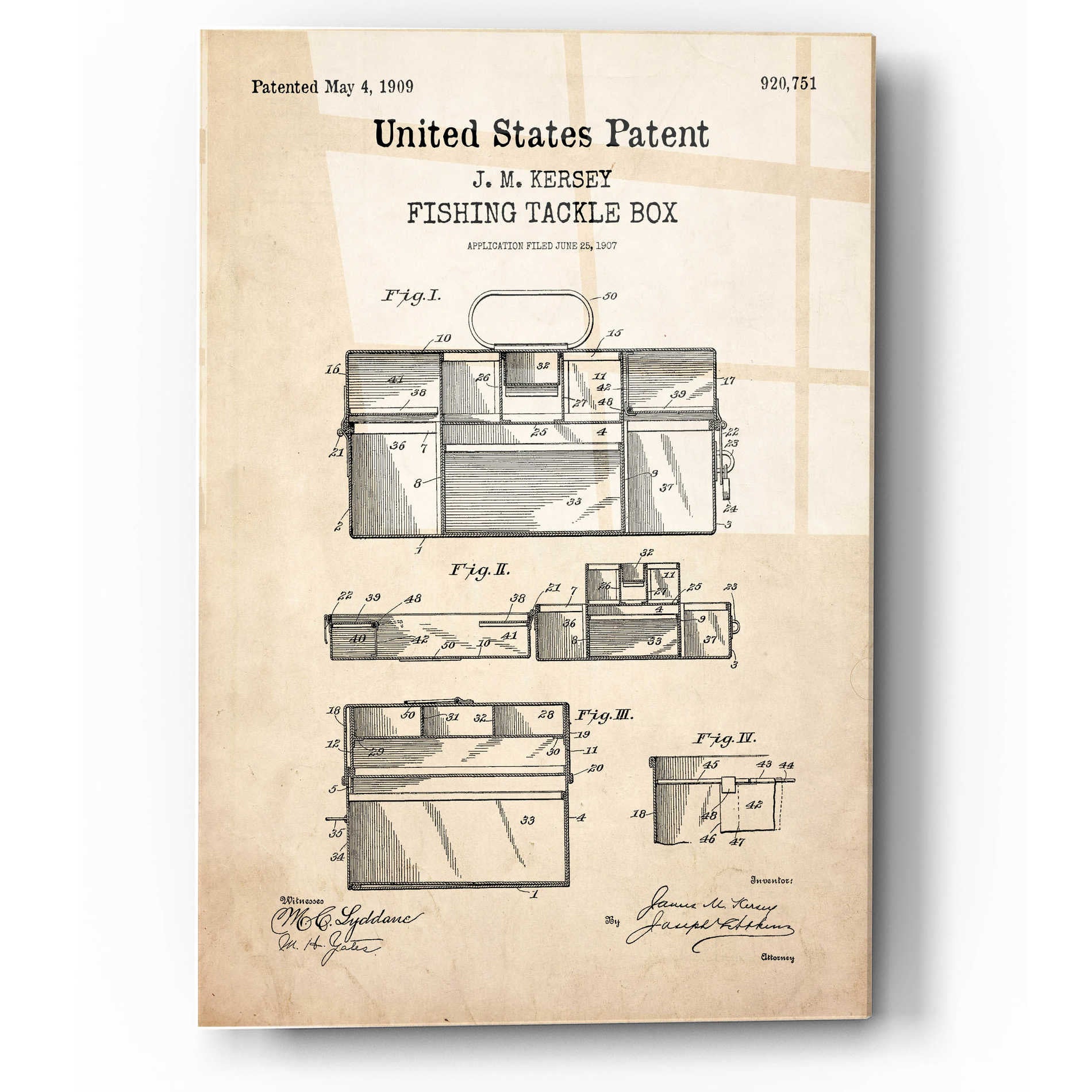 Epic Art 'Fishing Tackle Box Blueprint Patent Parchment,' Acrylic Glass Wall Art –