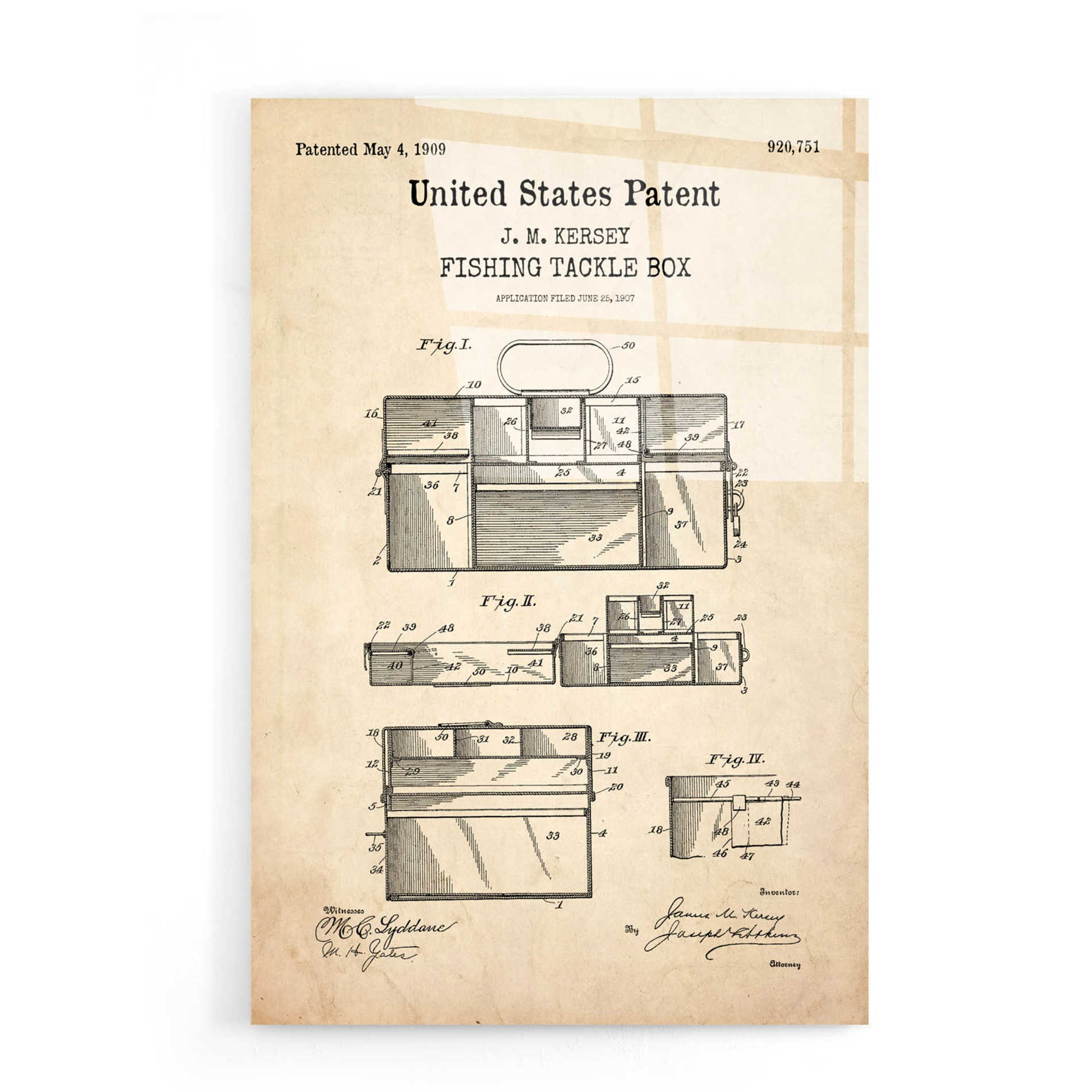Epic Art 'Fishing Tackle Box Blueprint Patent Parchment,' Acrylic Glass Wall Art,16x24