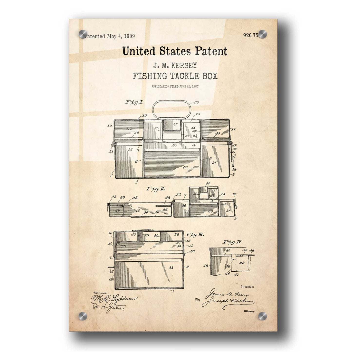 Epic Art 'Fishing Tackle Box Blueprint Patent Parchment,' Acrylic Glass Wall Art,24x36