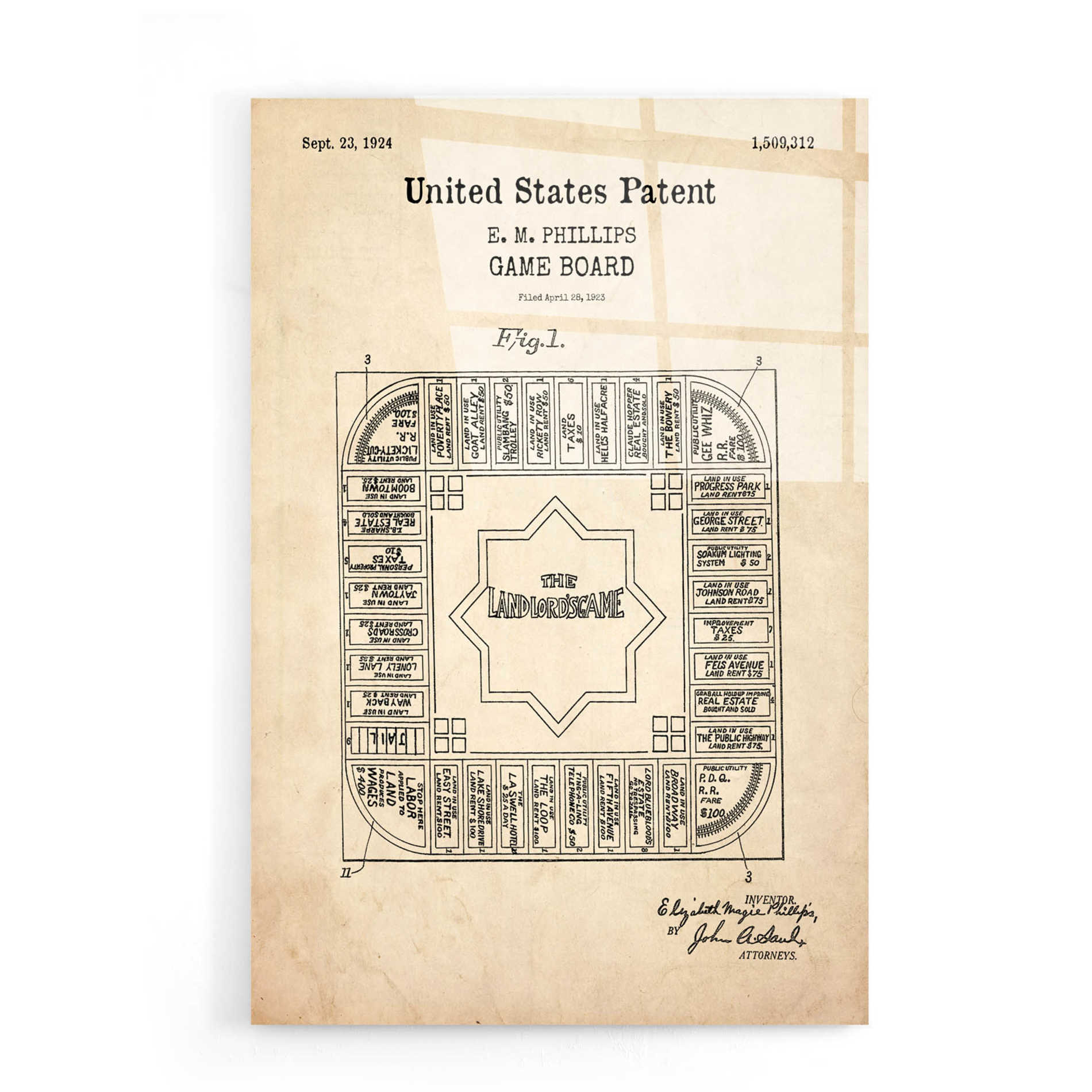 Epic Art 'Game Board Blueprint Patent Parchment,' Acrylic Glass Wall Art,16x24