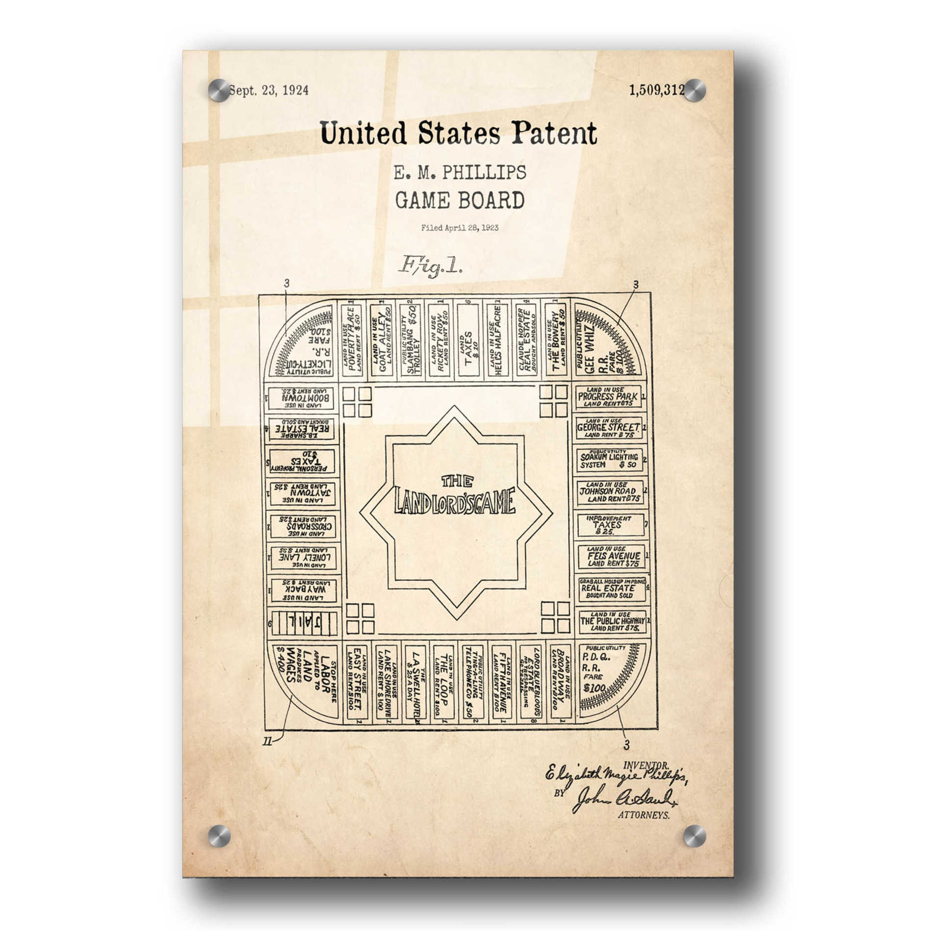 Epic Art 'Game Board Blueprint Patent Parchment,' Acrylic Glass Wall Art,24x36