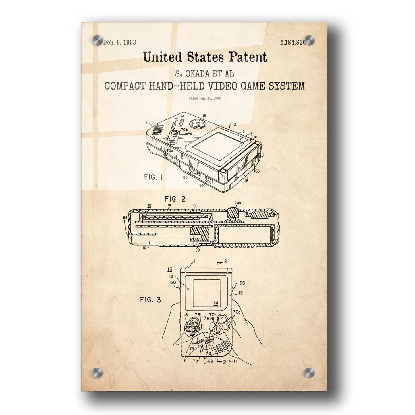 Epic Art 'Hand-held Game System Blueprint Patent Parchment,' Acrylic Glass Wall Art,24x36
