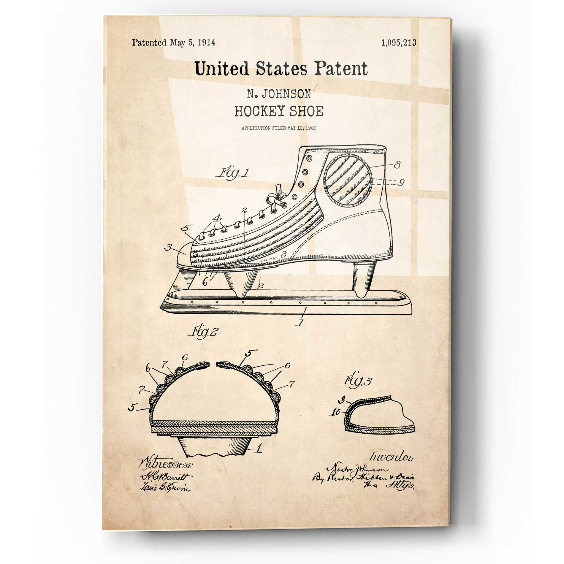 Epic Art 'Hockey Shoe Blueprint Patent Parchment,' Acrylic Glass Wall Art,12x16