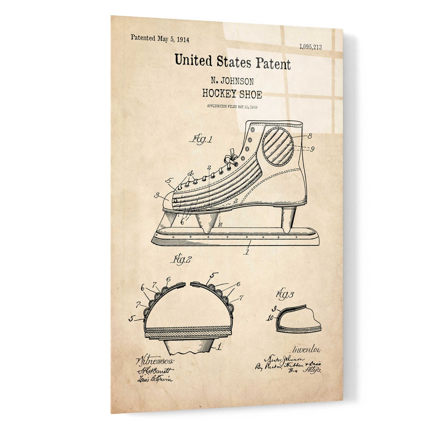 Epic Art 'Hockey Shoe Blueprint Patent Parchment,' Acrylic Glass Wall Art,16x24