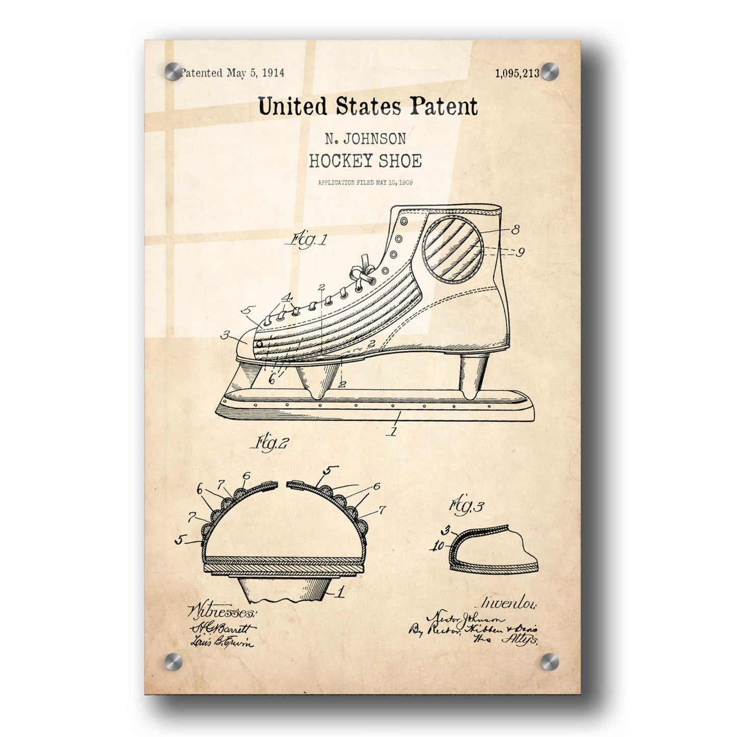 Epic Art 'Hockey Shoe Blueprint Patent Parchment,' Acrylic Glass Wall Art,24x36