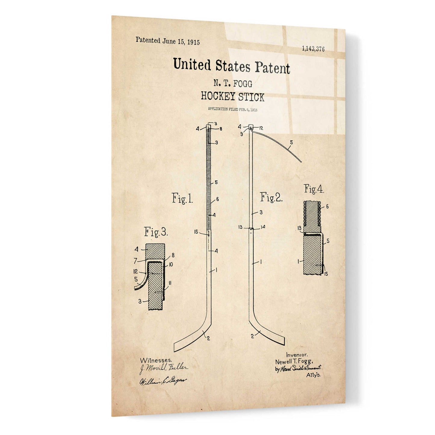 Epic Art 'Hockey Stick Blueprint Patent Parchment,' Acrylic Glass Wall Art,16x24