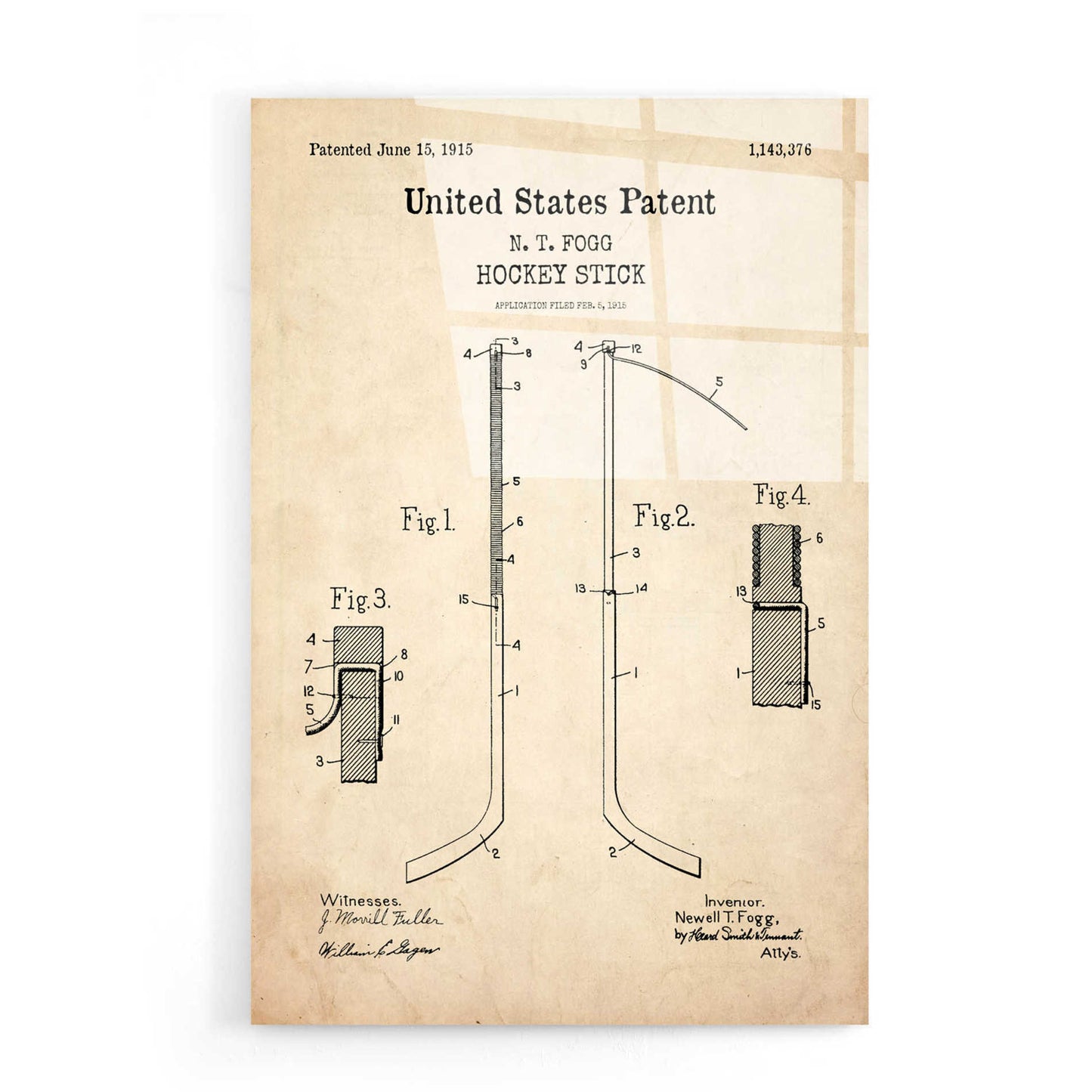 Epic Art 'Hockey Stick Blueprint Patent Parchment,' Acrylic Glass Wall Art,16x24