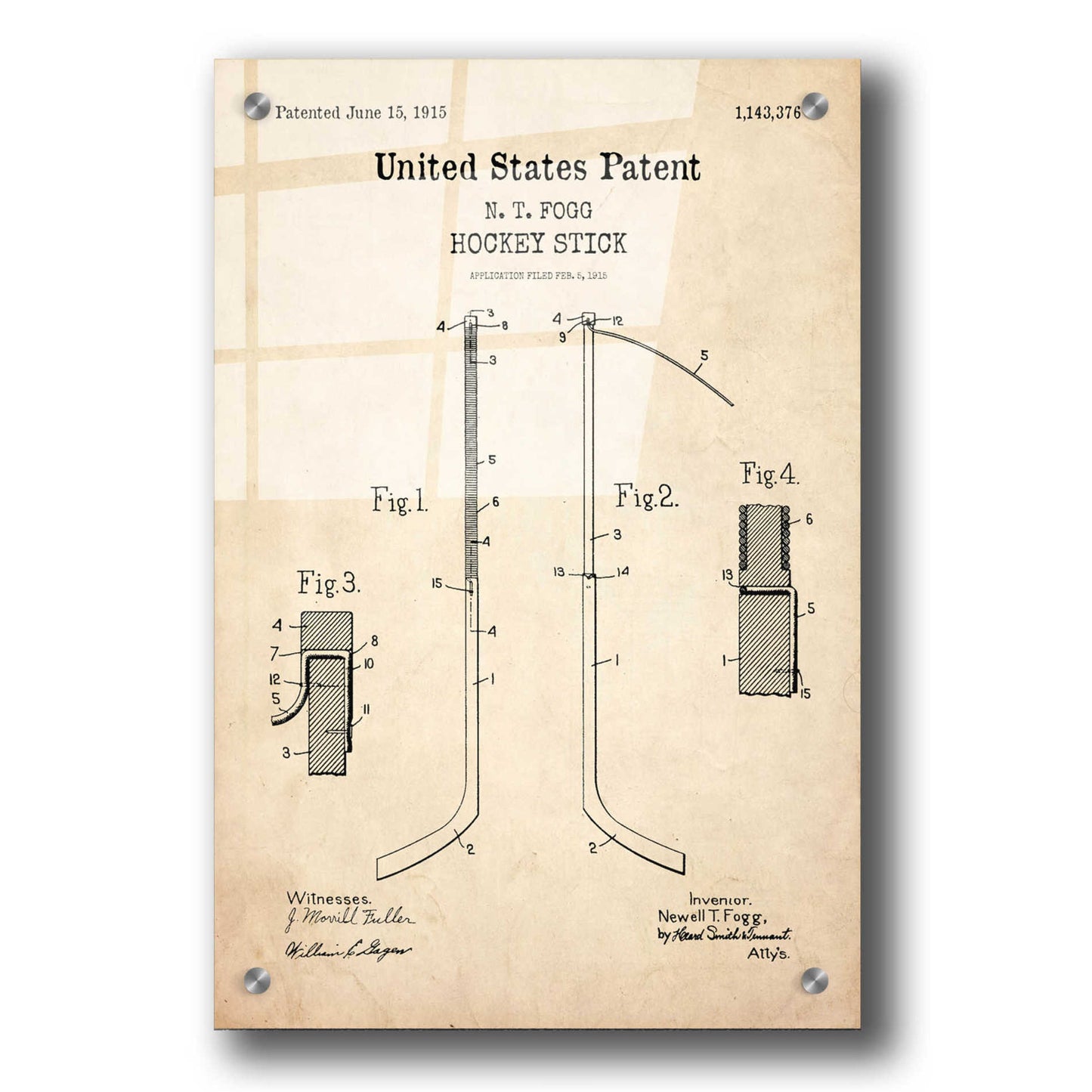 Epic Art 'Hockey Stick Blueprint Patent Parchment,' Acrylic Glass Wall Art,24x36