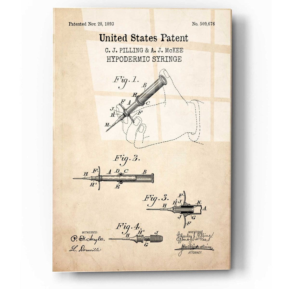 Epic Art 'Hypodermic Syringe Blueprint Patent Parchment,' Acrylic Glass Wall Art