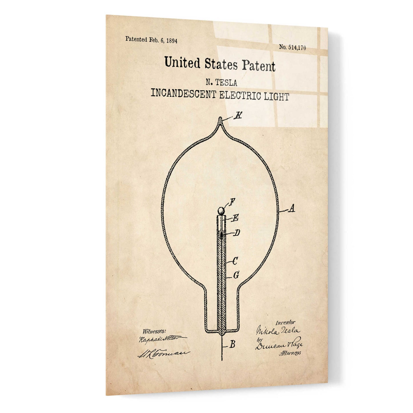 Epic Art 'Incandescent Lightbulb Blueprint Patent Parchment,' Acrylic Glass Wall Art,16x24