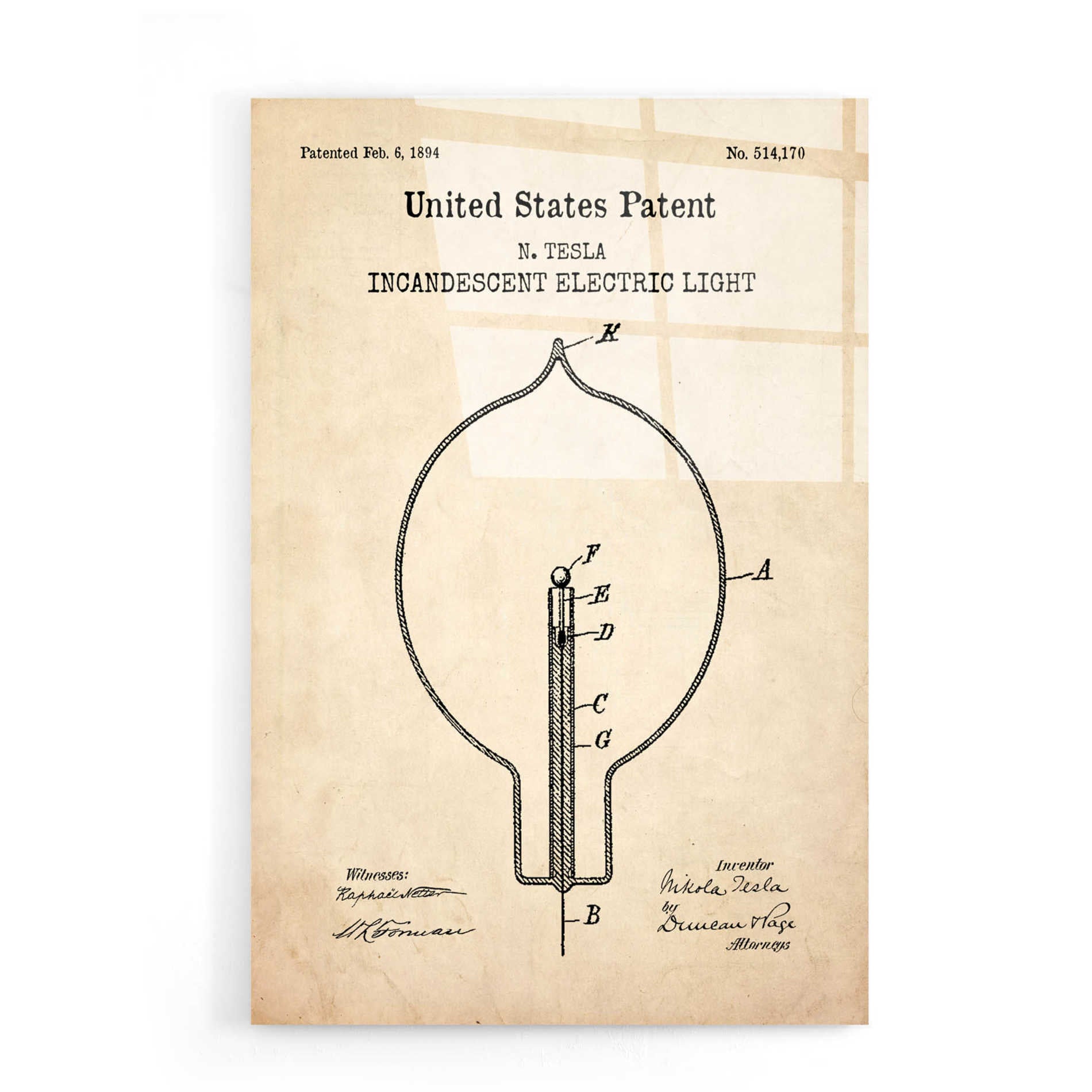 Epic Art 'Incandescent Lightbulb Blueprint Patent Parchment,' Acrylic Glass Wall Art,16x24