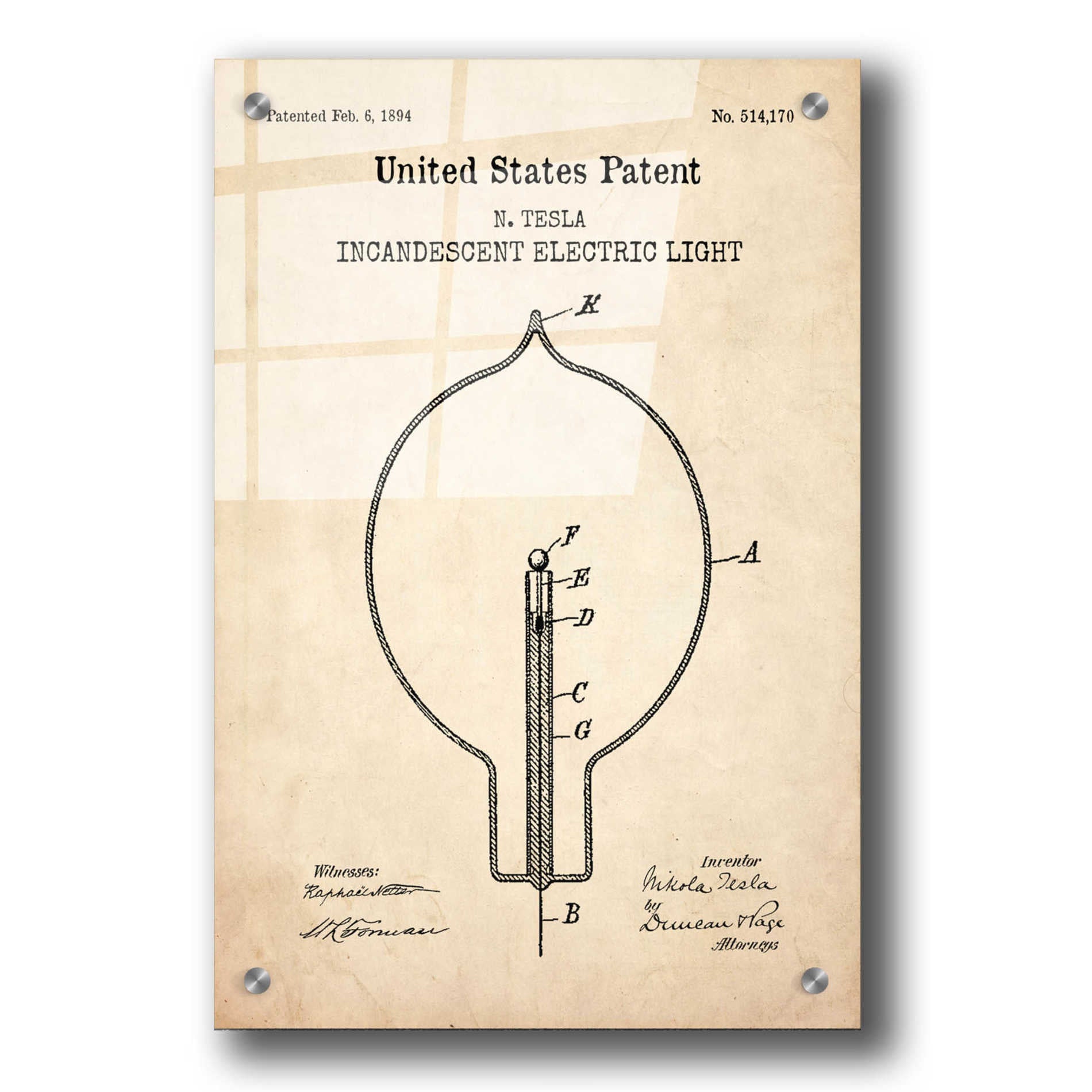 Epic Art 'Incandescent Lightbulb Blueprint Patent Parchment,' Acrylic Glass Wall Art,24x36