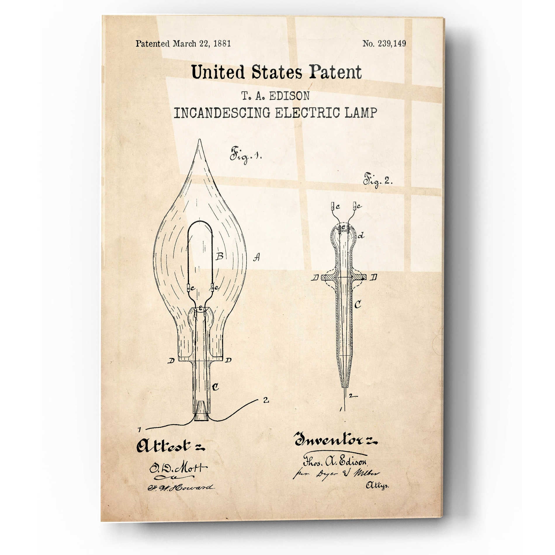 Epic Art 'Incandescent Lamp Blueprint Patent Parchment,' Acrylic Glass Wall Art,12x16