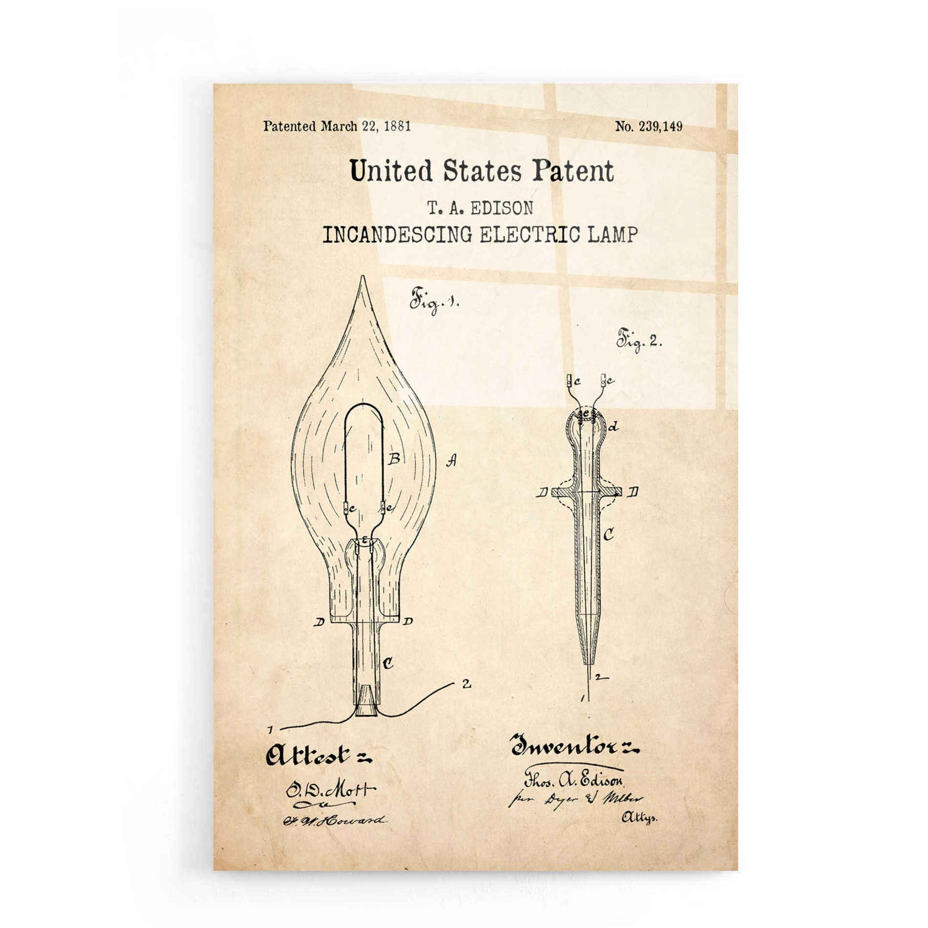 Epic Art 'Incandescent Lamp Blueprint Patent Parchment,' Acrylic Glass Wall Art,16x24