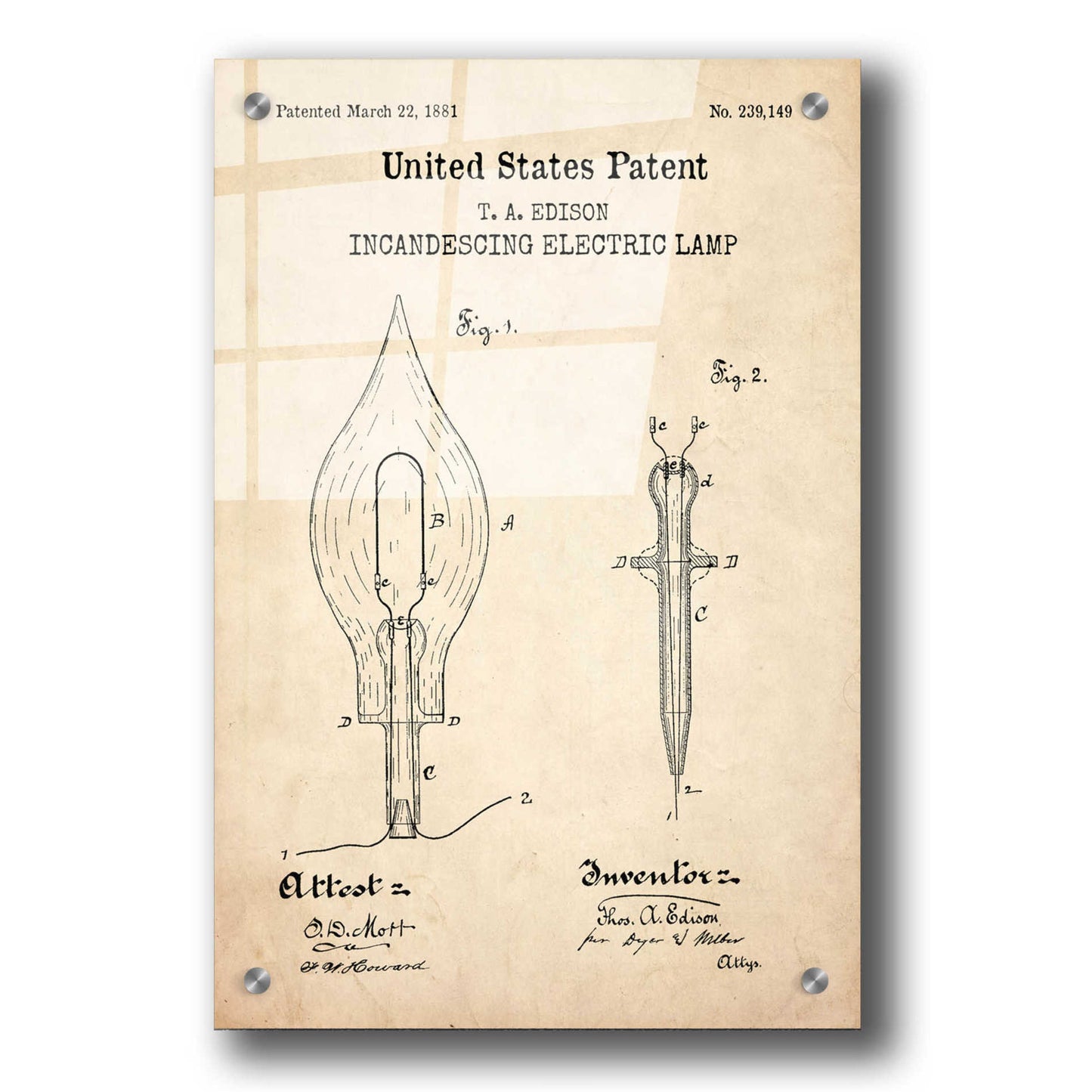 Epic Art 'Incandescent Lamp Blueprint Patent Parchment,' Acrylic Glass Wall Art,24x36