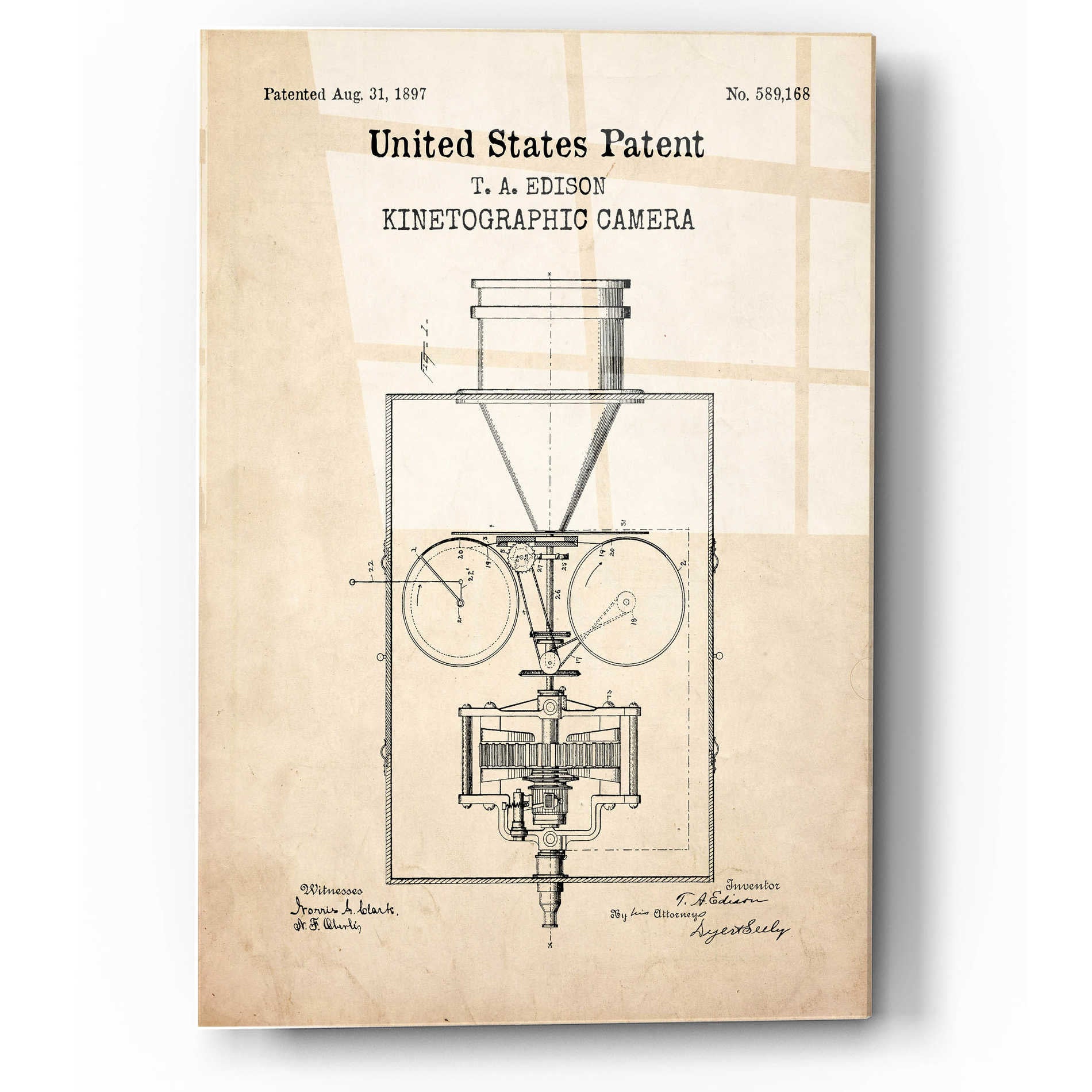 Epic Art 'Kinetographic Camera Blueprint Patent Parchment,' Acrylic Glass Wall Art,12x16