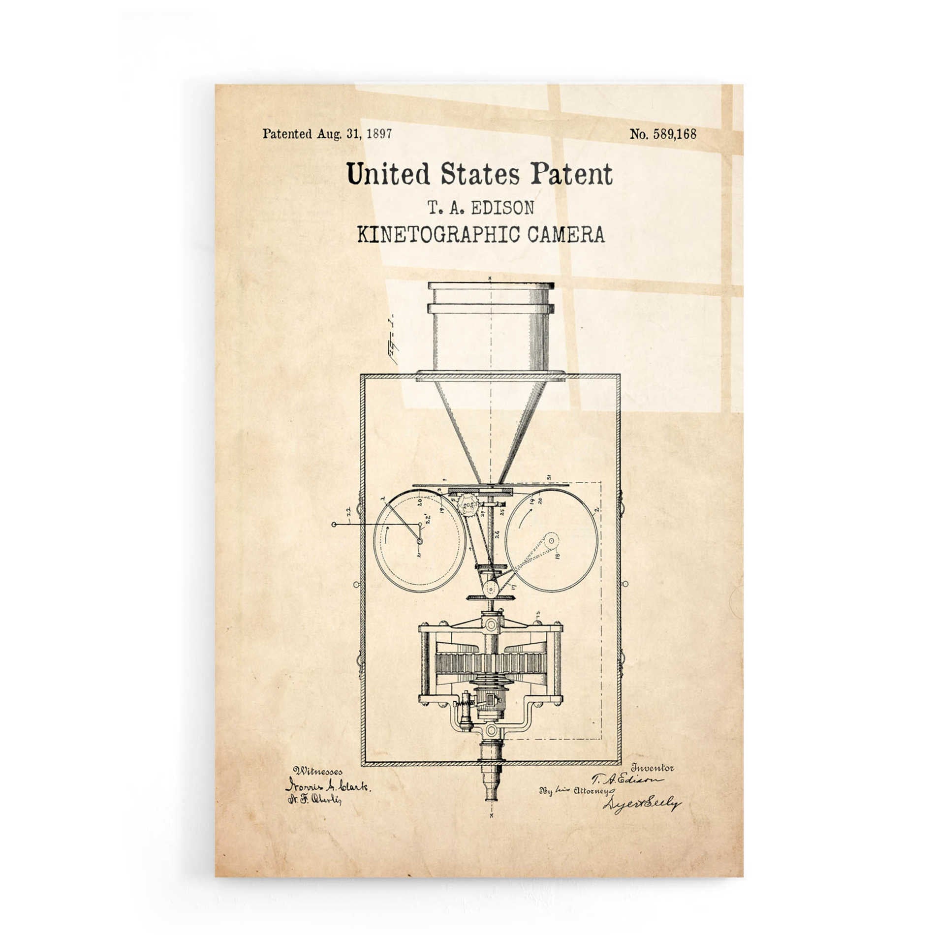 Epic Art 'Kinetographic Camera Blueprint Patent Parchment,' Acrylic Glass Wall Art,16x24
