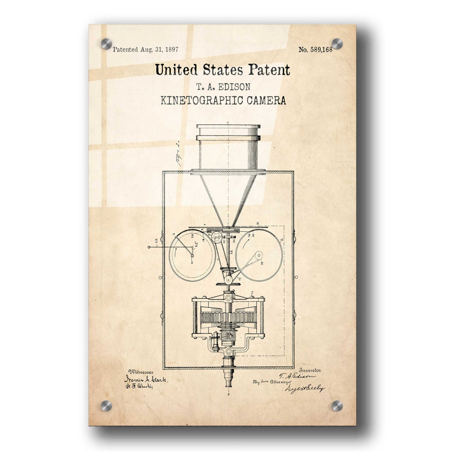 Epic Art 'Kinetographic Camera Blueprint Patent Parchment,' Acrylic Glass Wall Art,24x36
