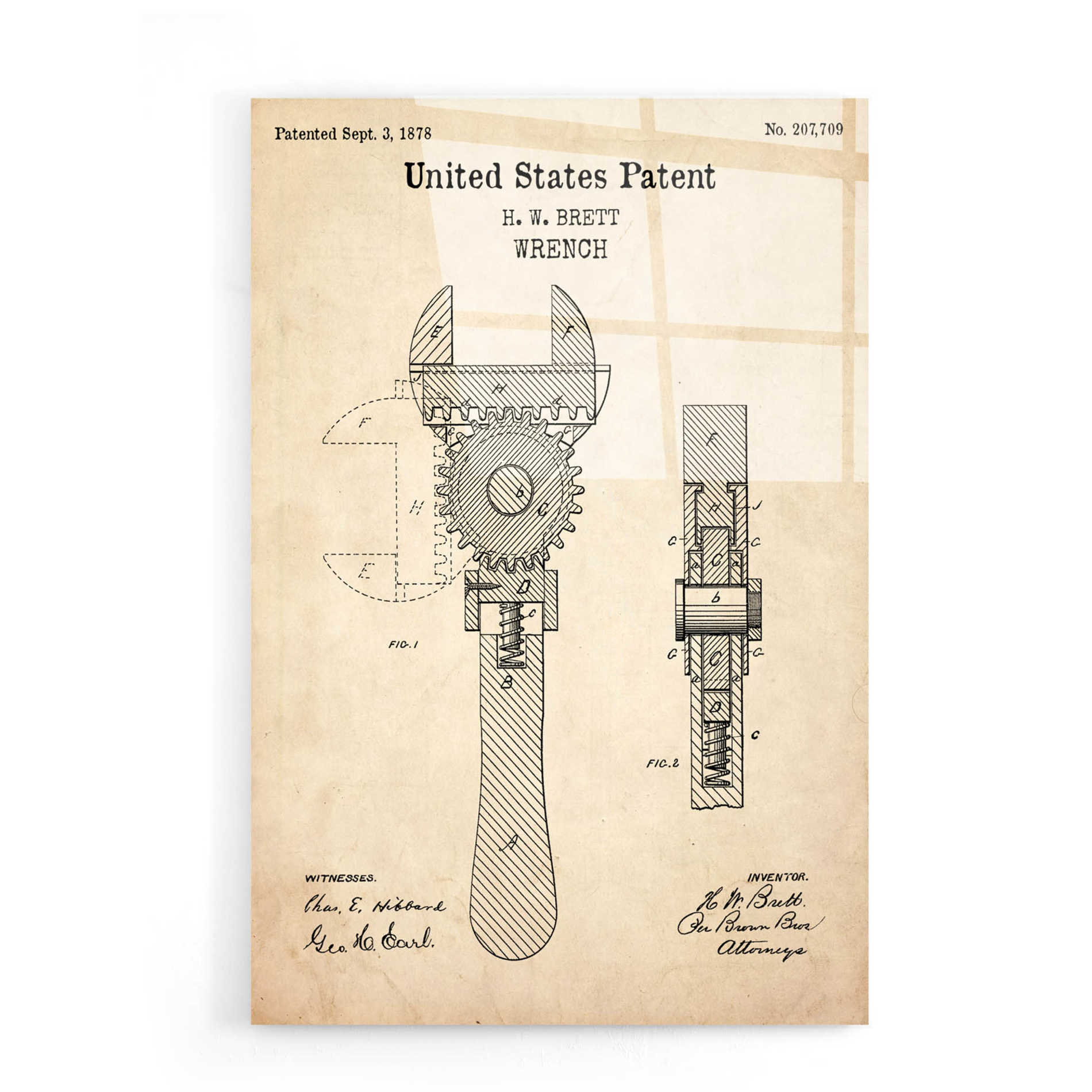 Epic Art 'Wrench Blueprint Patent Parchment,' Acrylic Glass Wall Art,16x24