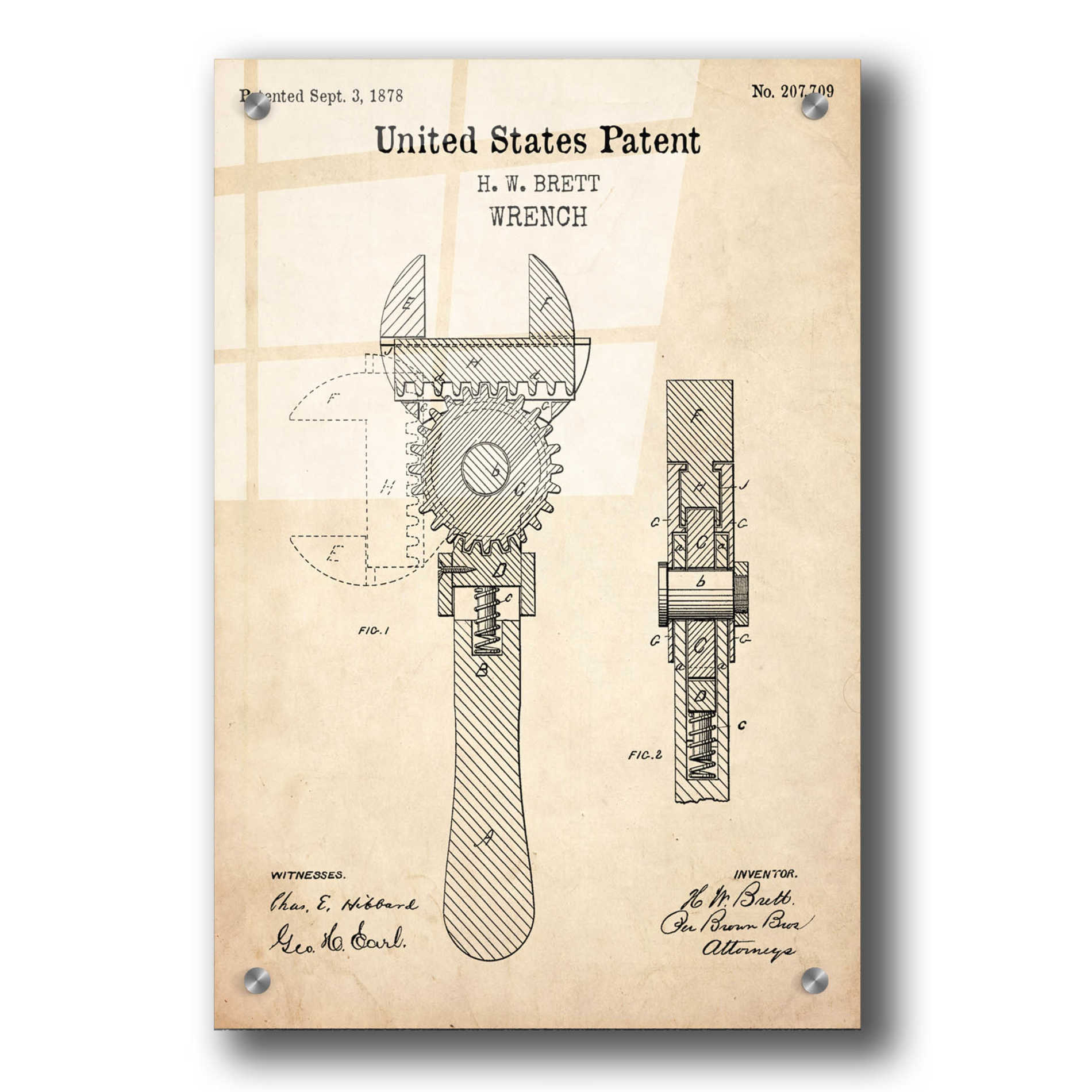 Epic Art 'Wrench Blueprint Patent Parchment,' Acrylic Glass Wall Art,24x36