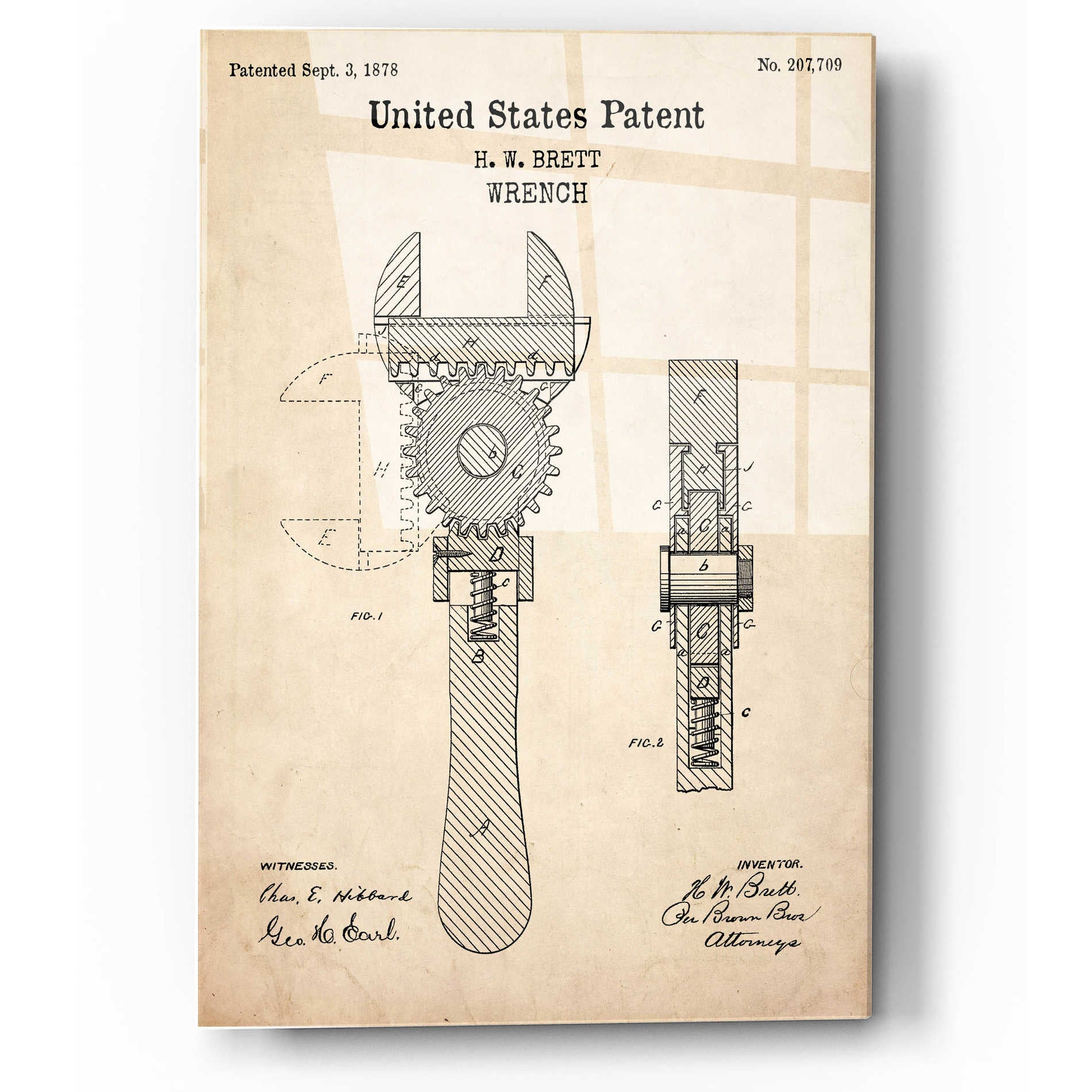 Epic Art 'Wrench Blueprint Patent Parchment,' Acrylic Glass Wall Art
