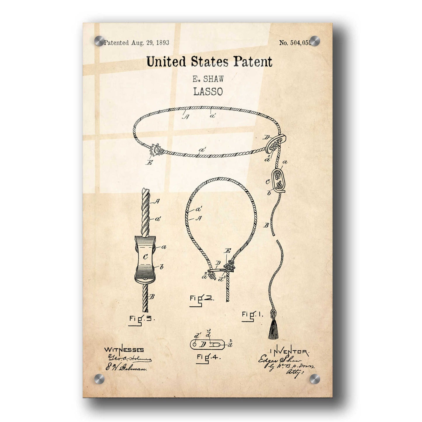 Epic Art 'Lasso Blueprint Patent Parchment,' Acrylic Glass Wall Art,24x36