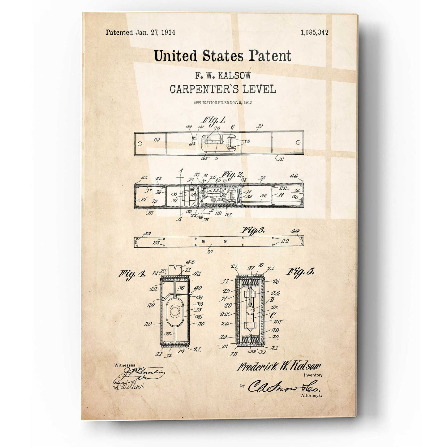 Epic Art 'Carpenter's Level Blueprint Patent Parchment,' Acrylic Glass Wall Art,12x16
