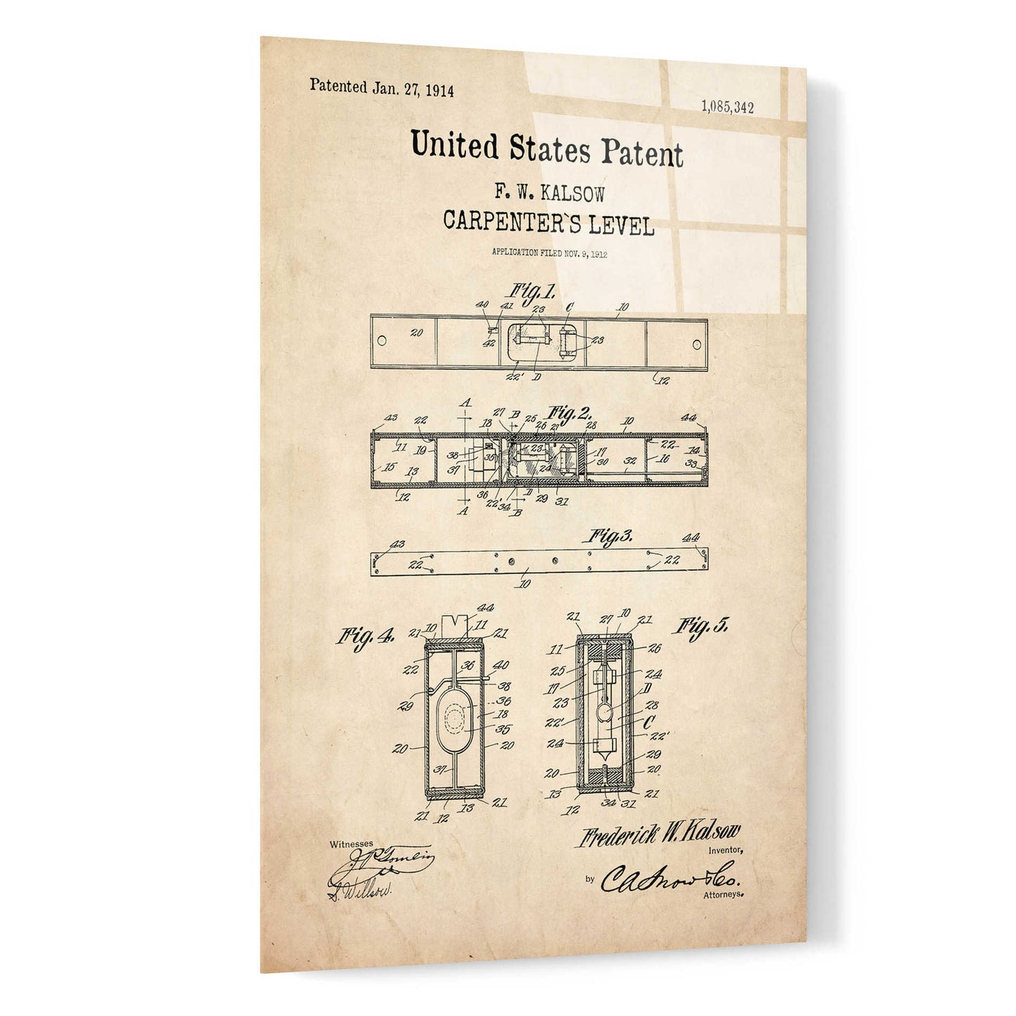 Epic Art 'Carpenter's Level Blueprint Patent Parchment,' Acrylic Glass Wall Art,16x24