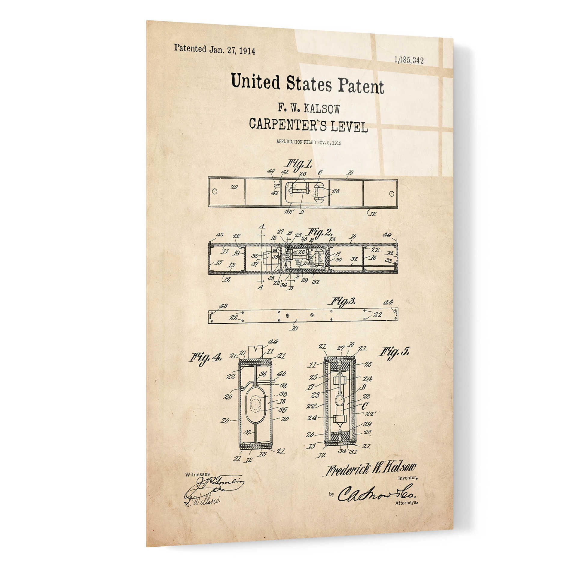 Epic Art 'Carpenter's Level Blueprint Patent Parchment,' Acrylic Glass Wall Art,16x24