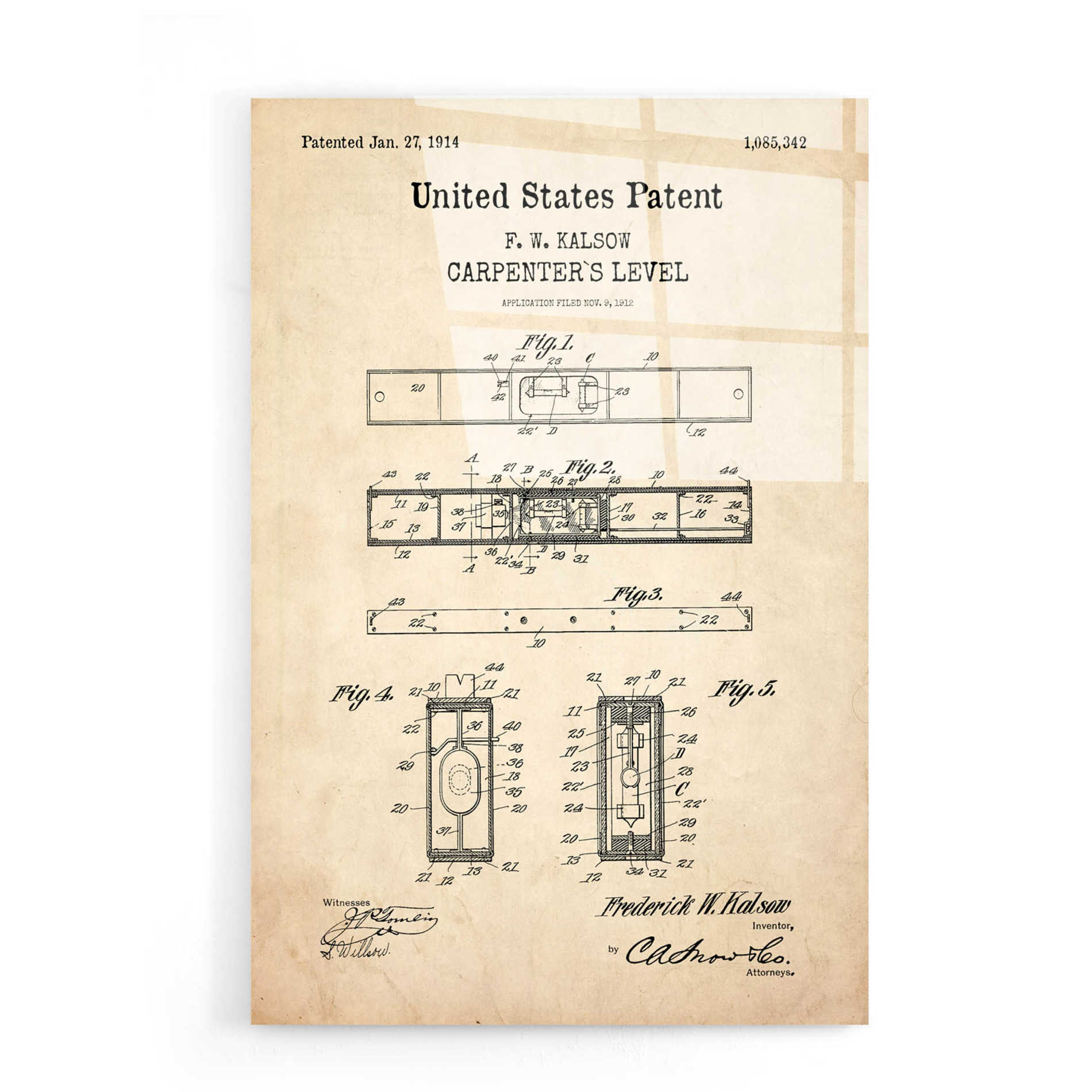 Epic Art 'Carpenter's Level Blueprint Patent Parchment,' Acrylic Glass Wall Art,16x24