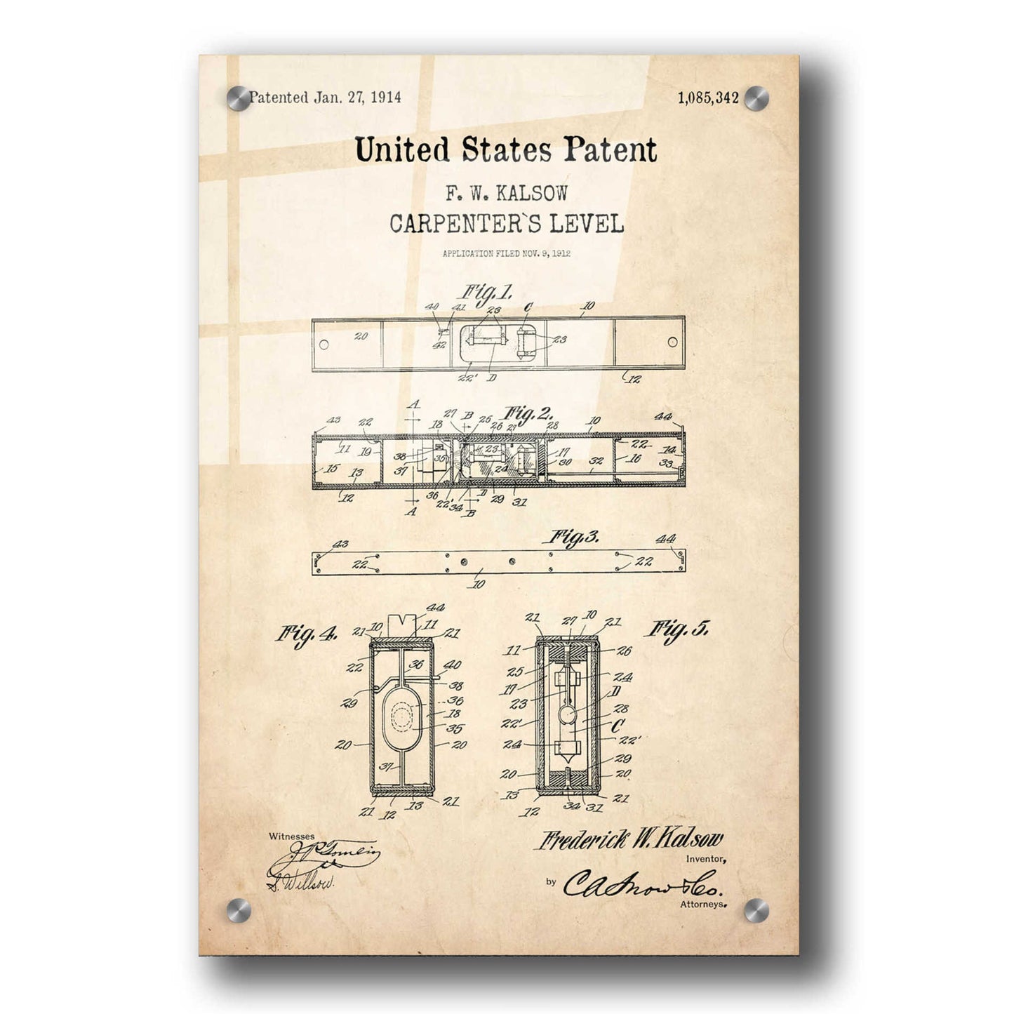 Epic Art 'Carpenter's Level Blueprint Patent Parchment,' Acrylic Glass Wall Art,24x36