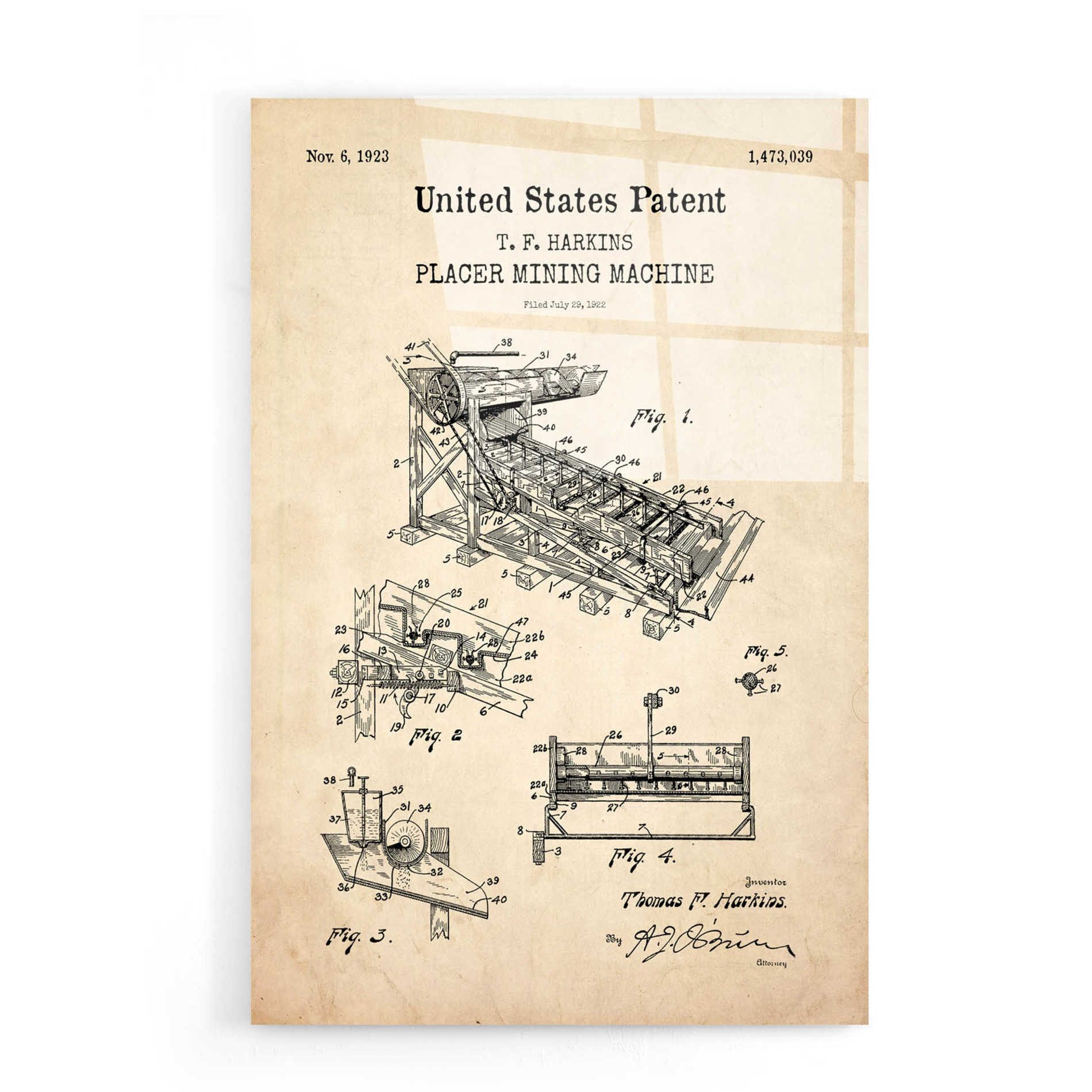 Epic Art 'Mining Machine Blueprint Patent Parchment,' Acrylic Glass Wall Art,16x24