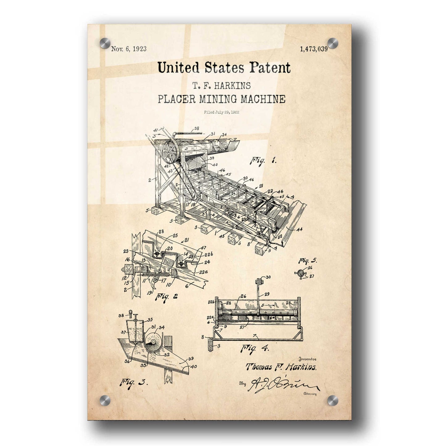 Epic Art 'Mining Machine Blueprint Patent Parchment,' Acrylic Glass Wall Art,24x36