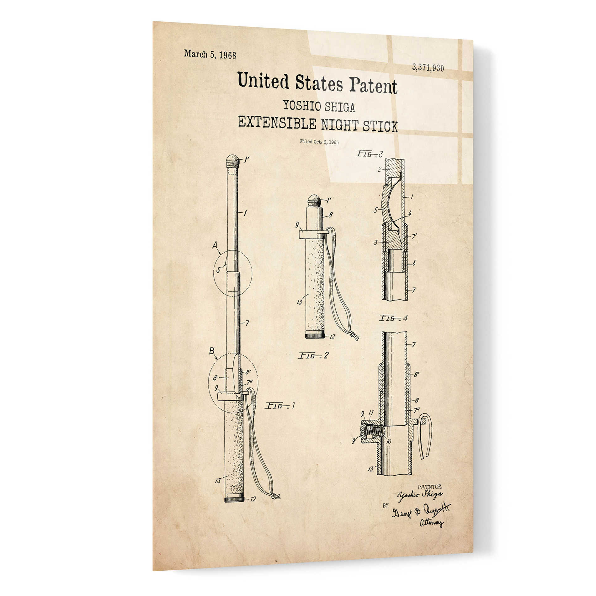 Epic Art 'Night Stick Blueprint Patent Parchment,' Acrylic Glass Wall Art,16x24